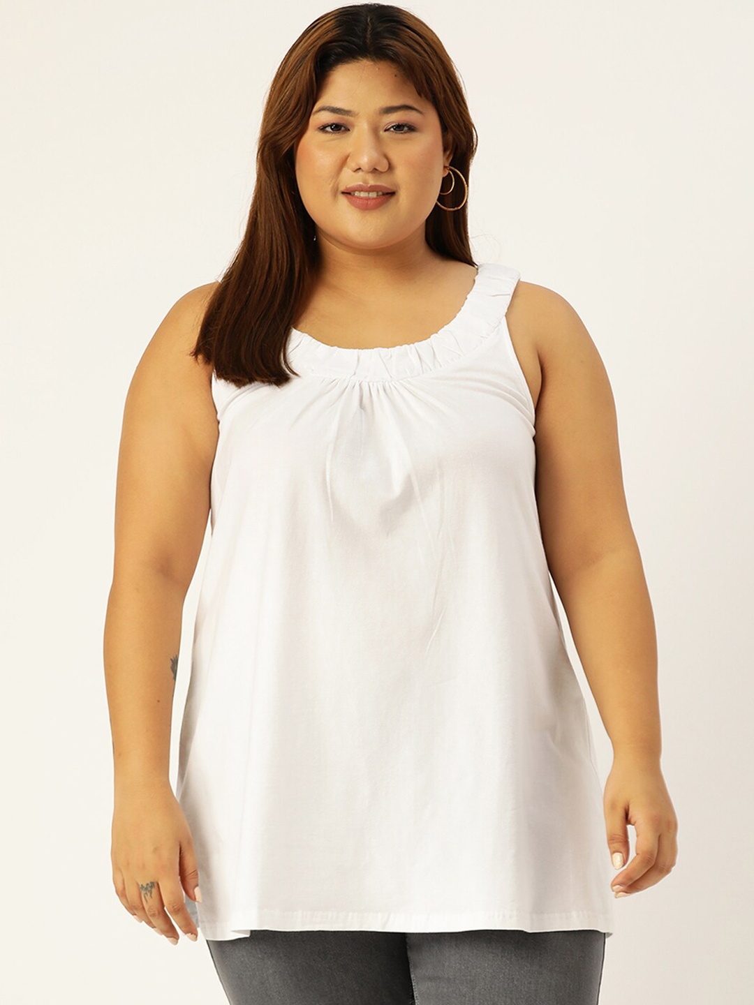 

theRebelinme Plus Size White Round Neck Pleated A-Line Top