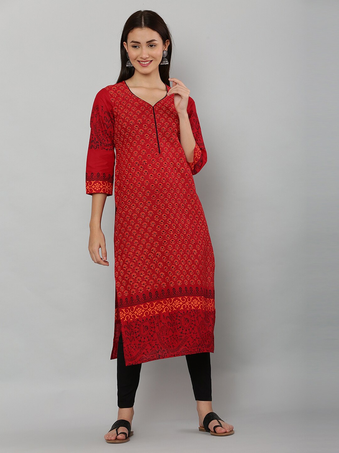 

EZIS FASHION Women Red & Black Block Printed Pure Cotton Straight Kurta