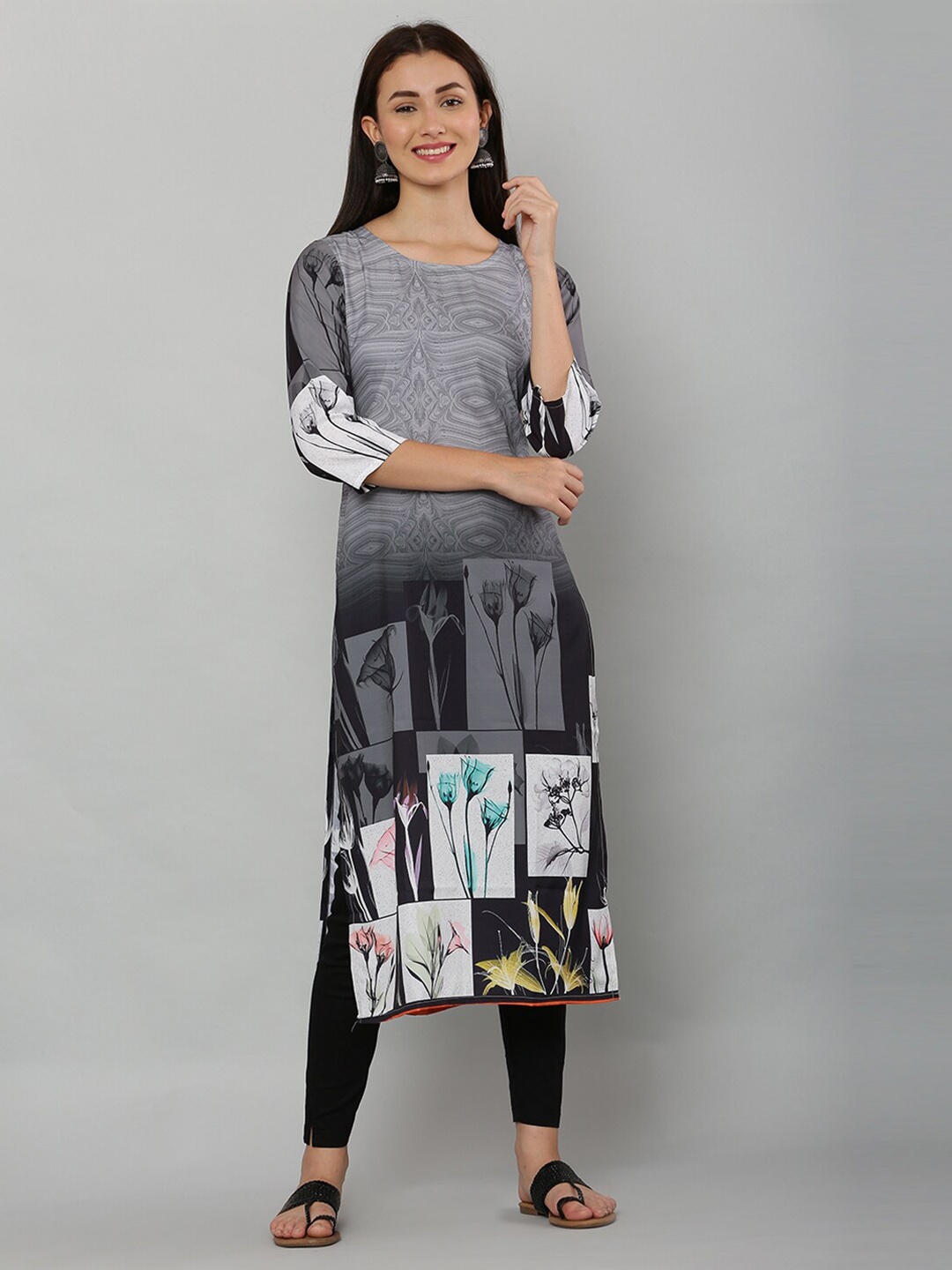

EZIS FASHION Women Blue & Grey Printed Straight Kurta