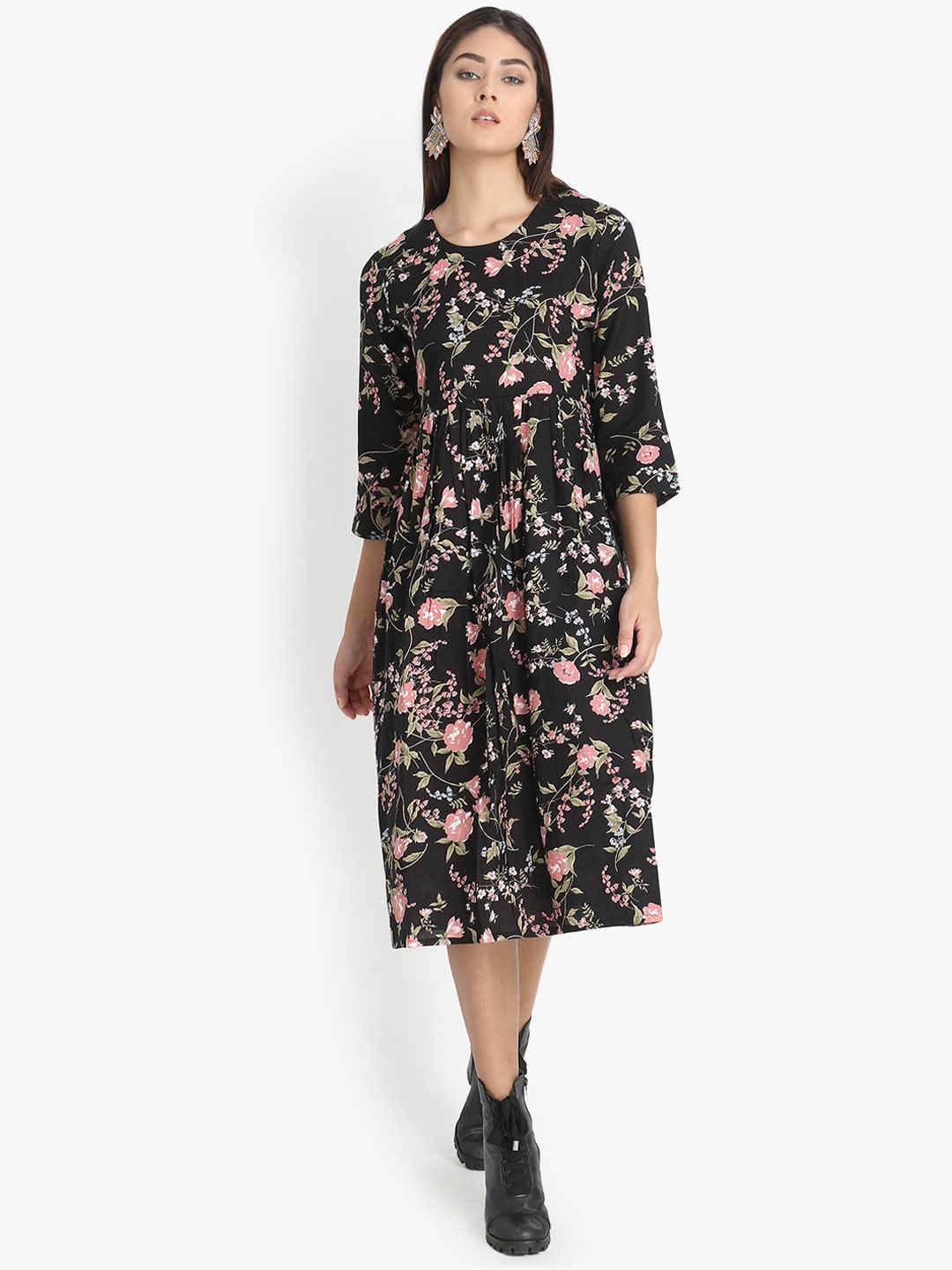 

DIVINATION Black & Pink Floral A-Line Midi Dress