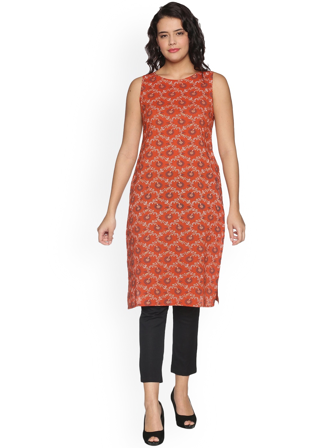 

DIVINATION Women Red Ethnic Motifs Printed Thread Work Kurta