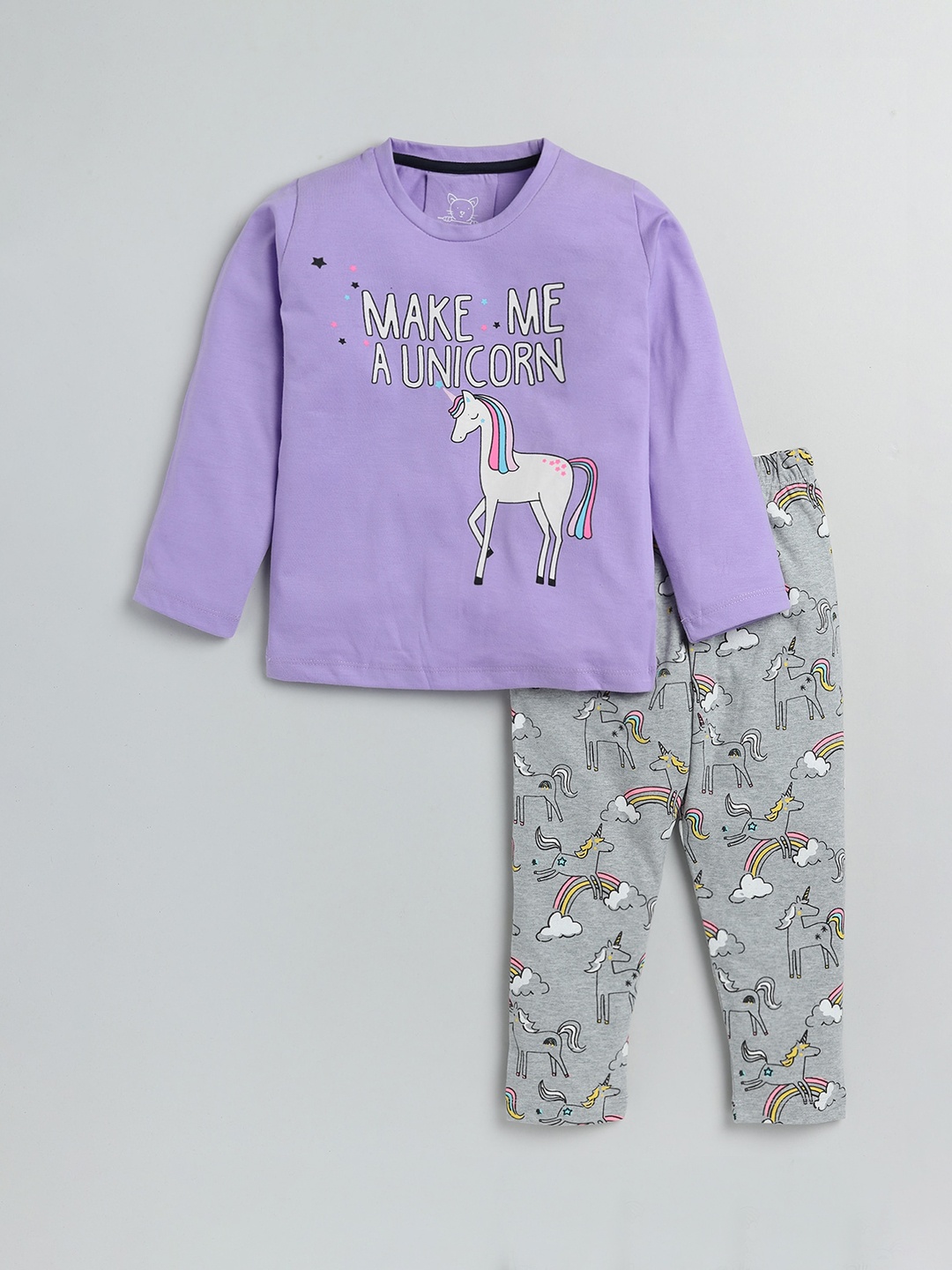 

Lazy Shark Girls Purple And Grey Unicorn Printed Night suit
