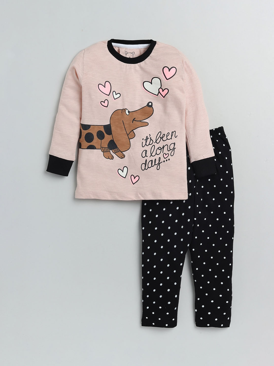 

Lazy Shark Girls Peach-Coloured & Black Printed Night suit