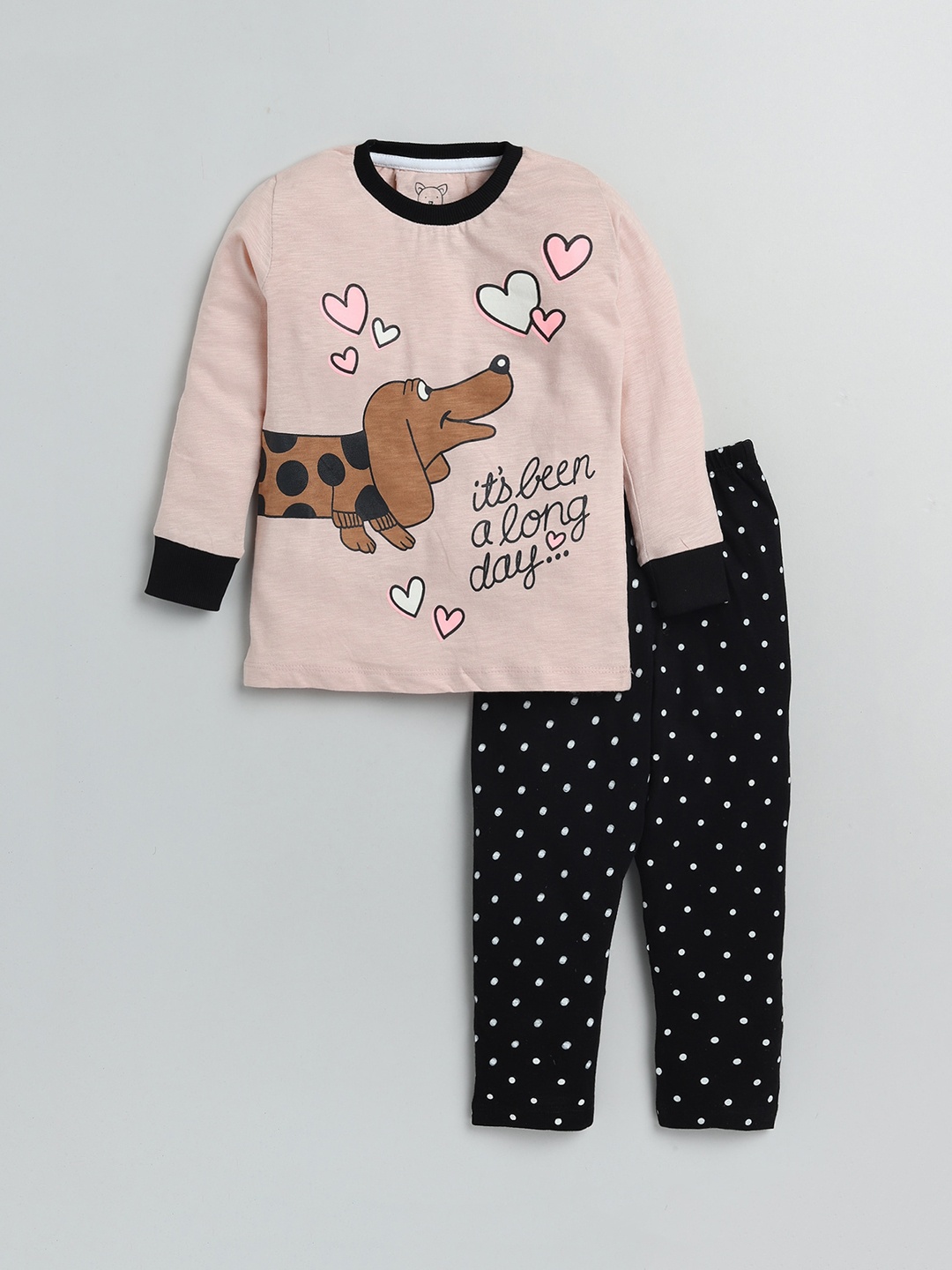 

Lazy Shark Girls Peach-Coloured & Black Printed Night suit