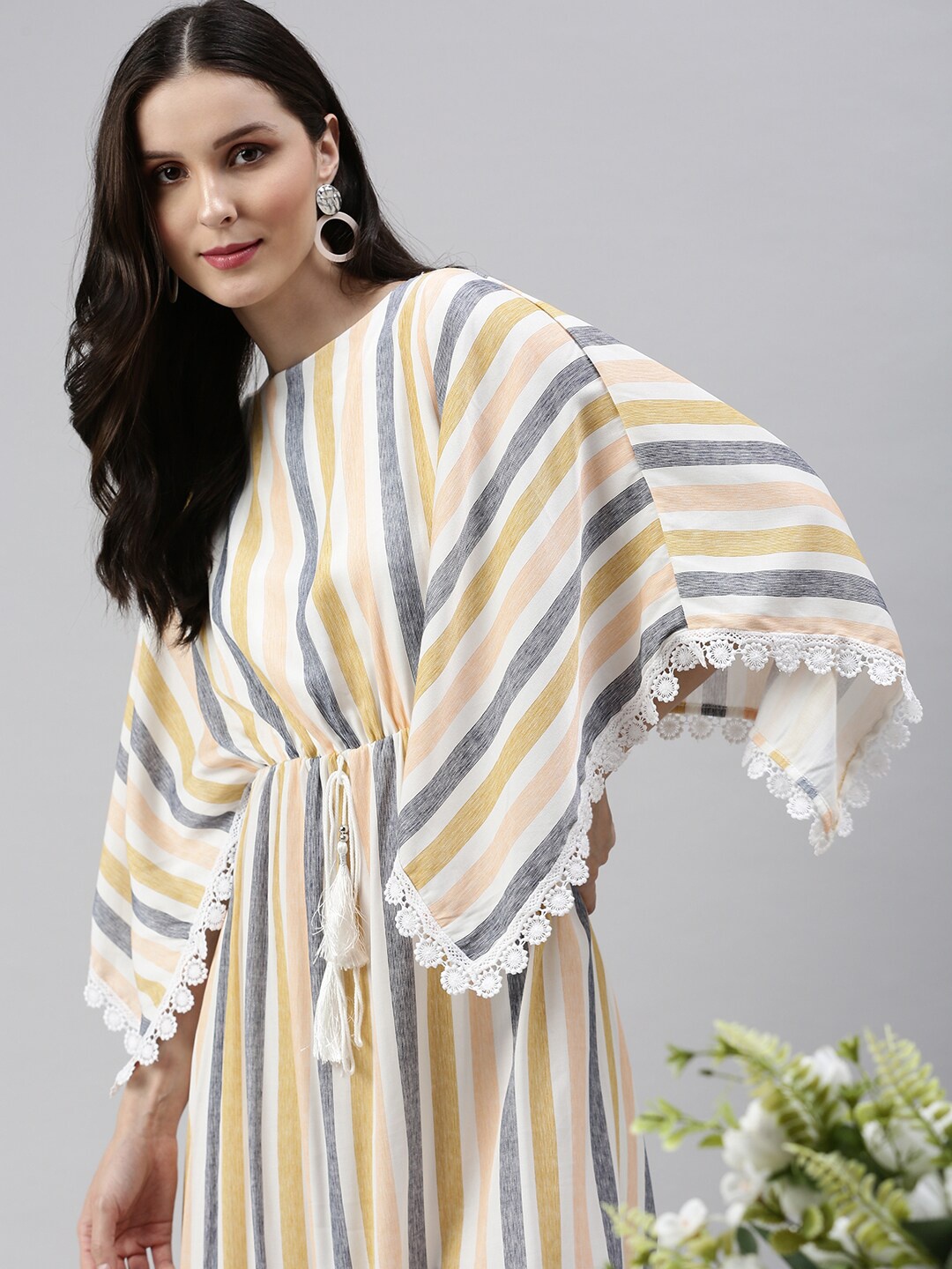 

SHOWOFF Women White & Yellow Striped Kaftan Cotton Midi Dress