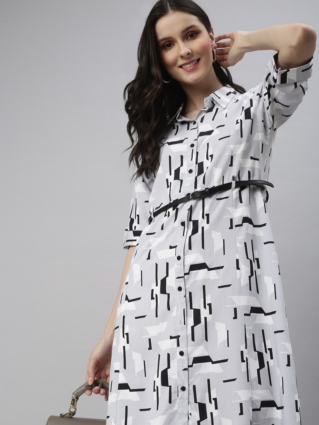 

SHOWOFF Women's Midi Abstract Grey Shirt Collar Dress