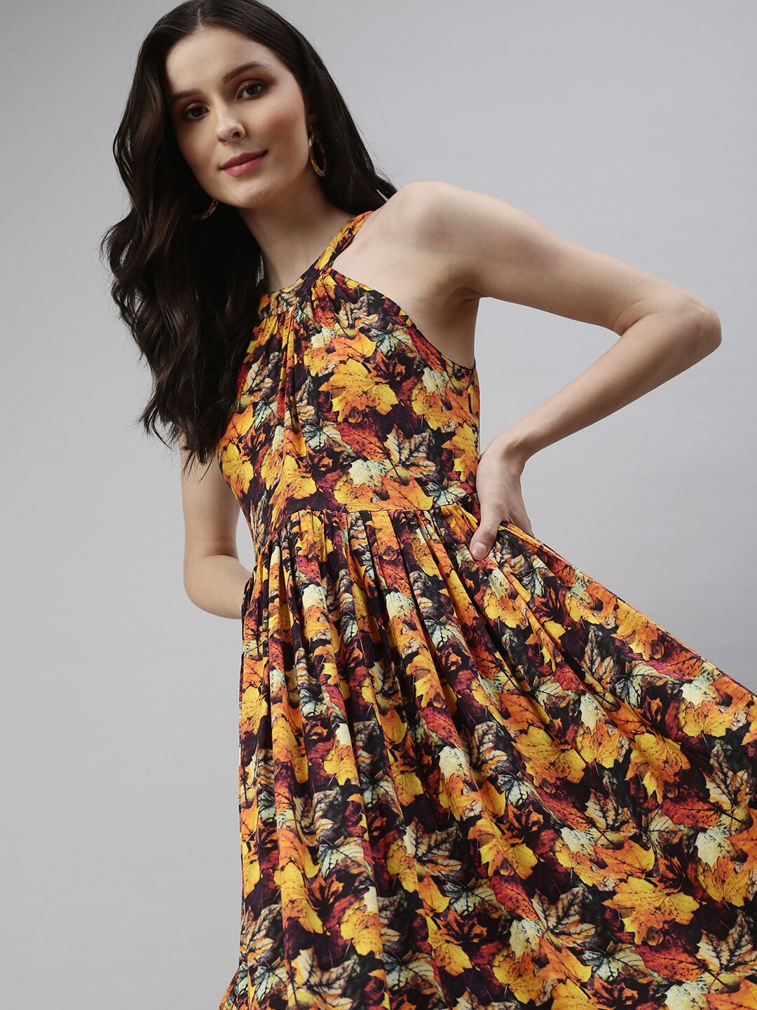 

SHOWOFF Black & Yellow Floral Halter Neck Midi Dress