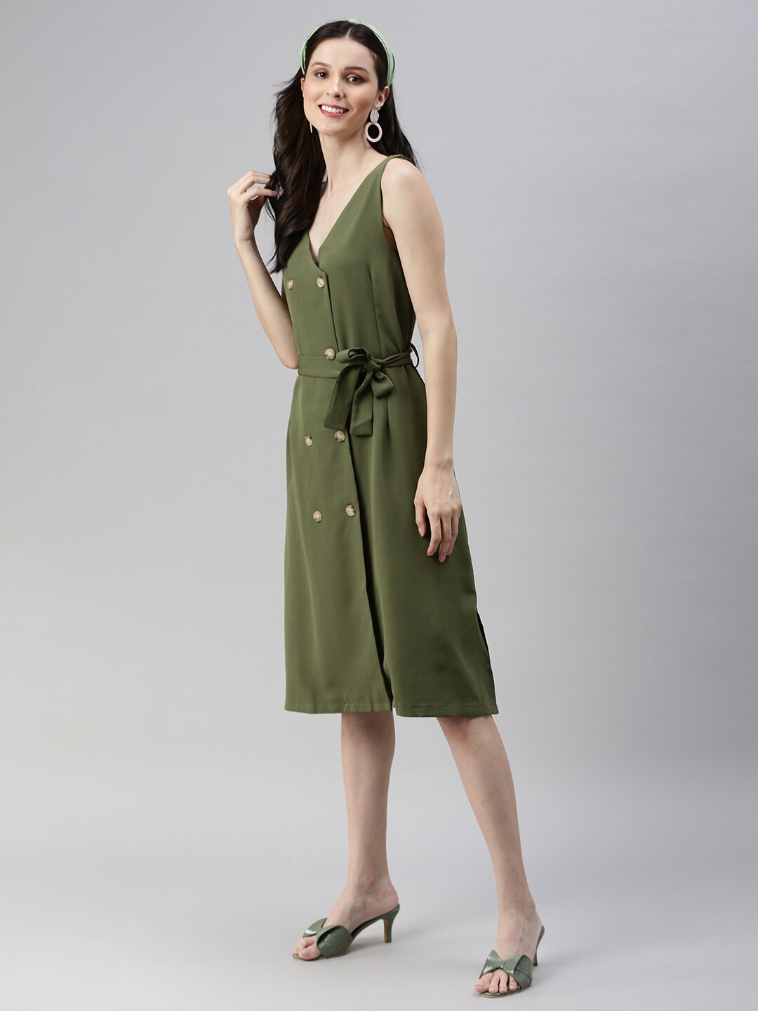 

SHOWOFF Women Olive Green Solid Shirt Dress