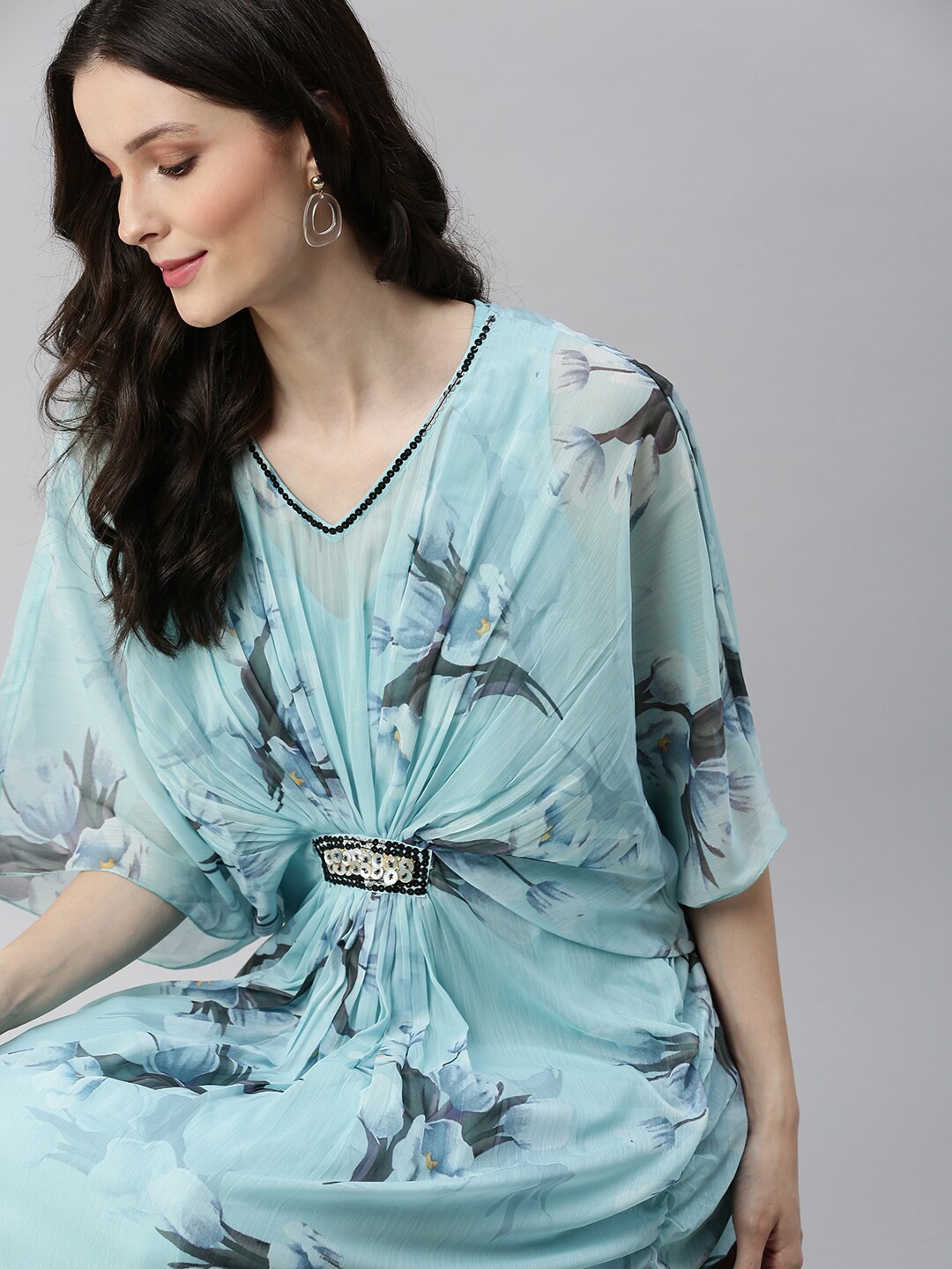 

SHOWOFF Blue Floral Chiffon Kaftan Midi Dress