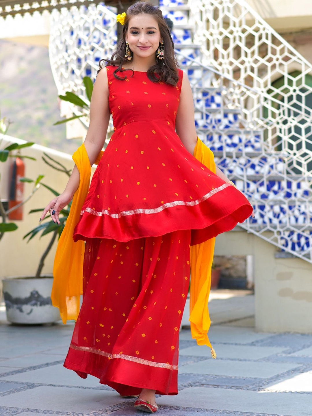 

Rangpur Women Red Printed Kurta with Trousers & With Dupatta