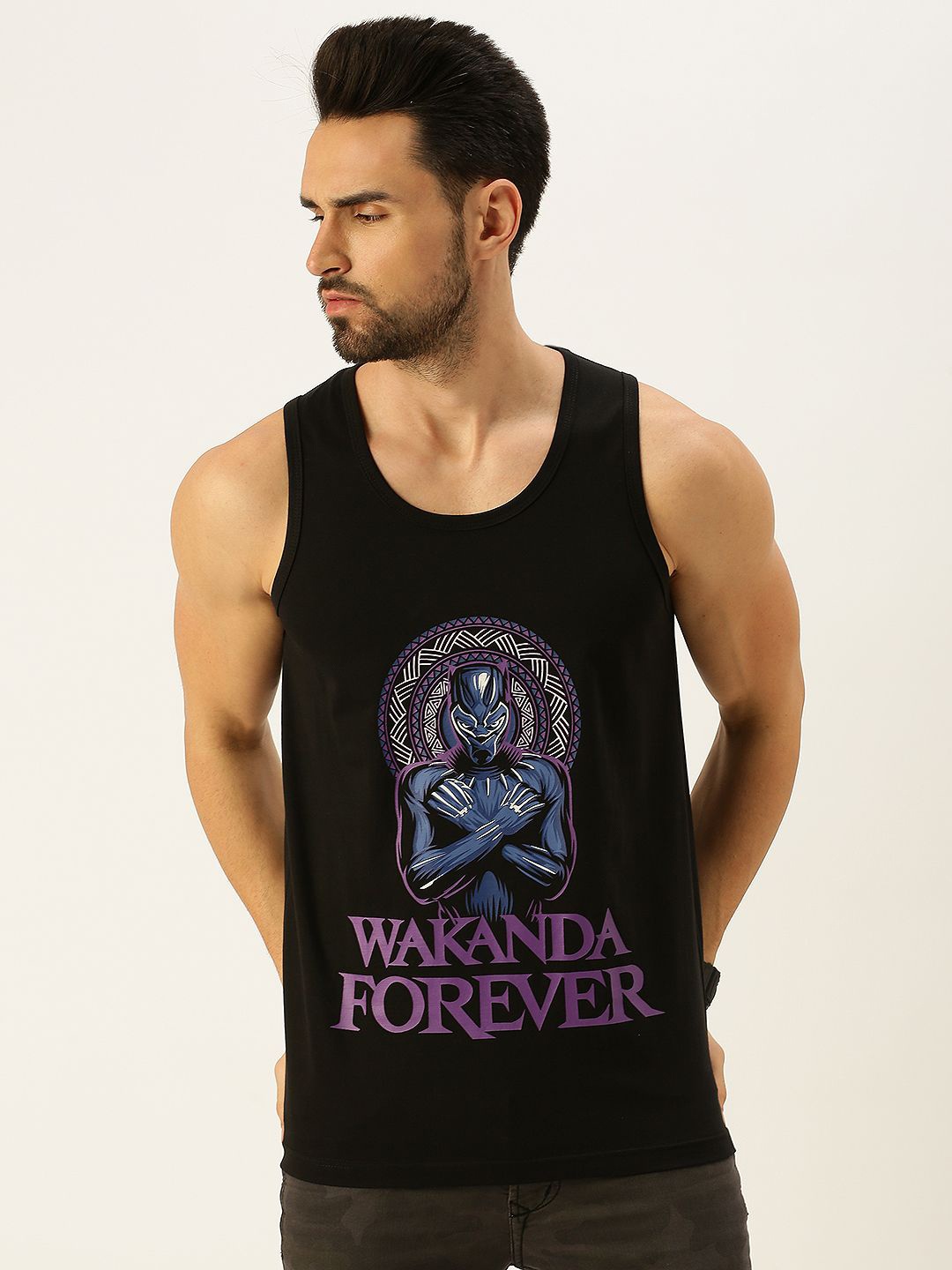 

VEIRDO Men Black Printed Sleeveless T-shirt