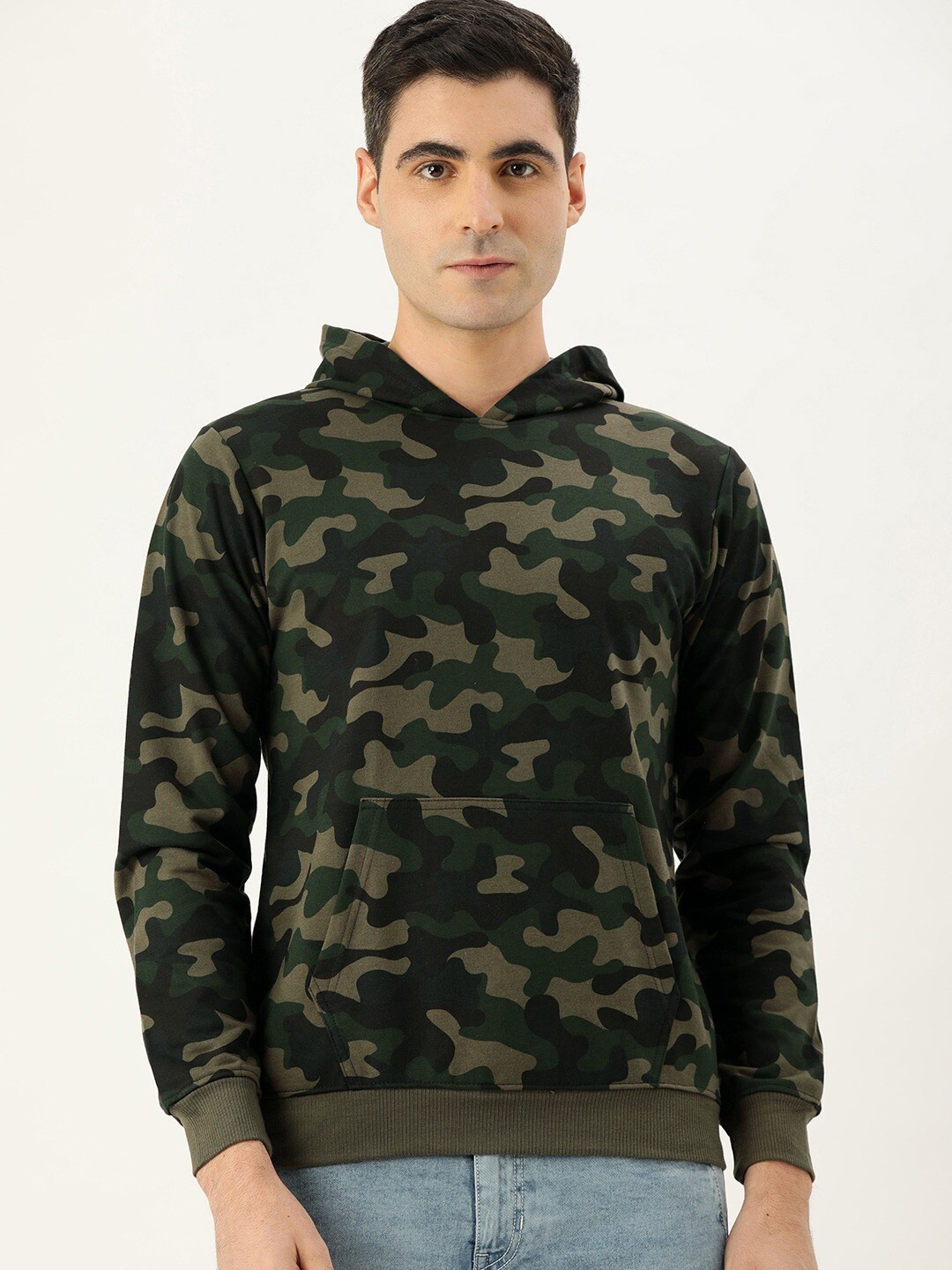 

VEIRDO Men Olive Green Printed Hooded Sweatshirt