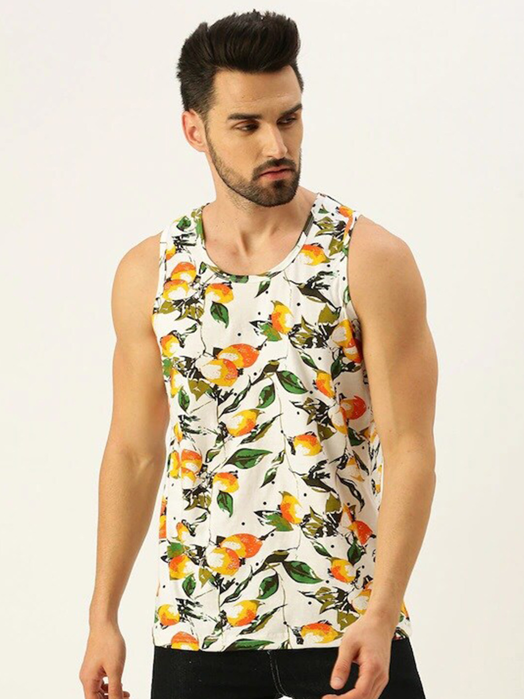 

VEIRDO Men White Floral Printed Cotton T-shirt