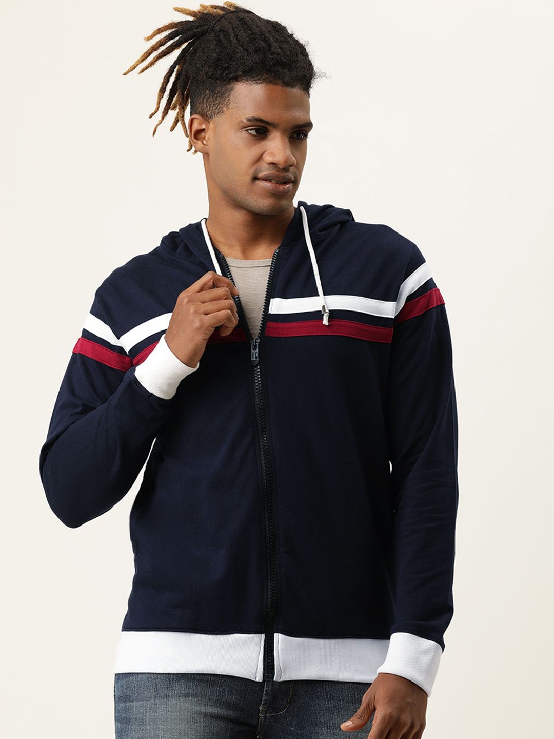 

VEIRDO Men Navy Blue Striped Fleece Lightweight Bomber Jacket