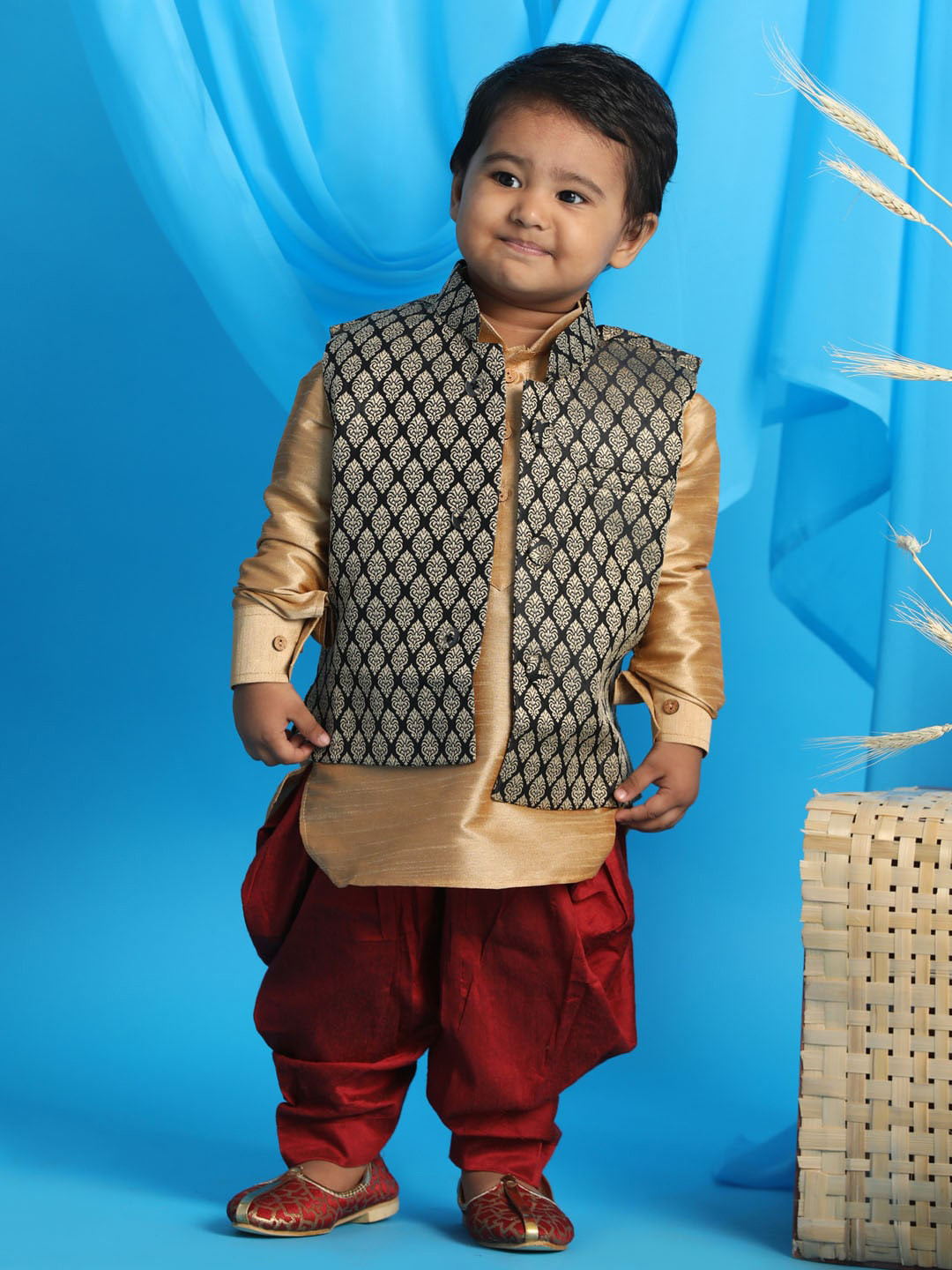 

VASTRAMAY Boys Rose Gold Kurta with Dhoti Pant & Woven Nehru Jacket