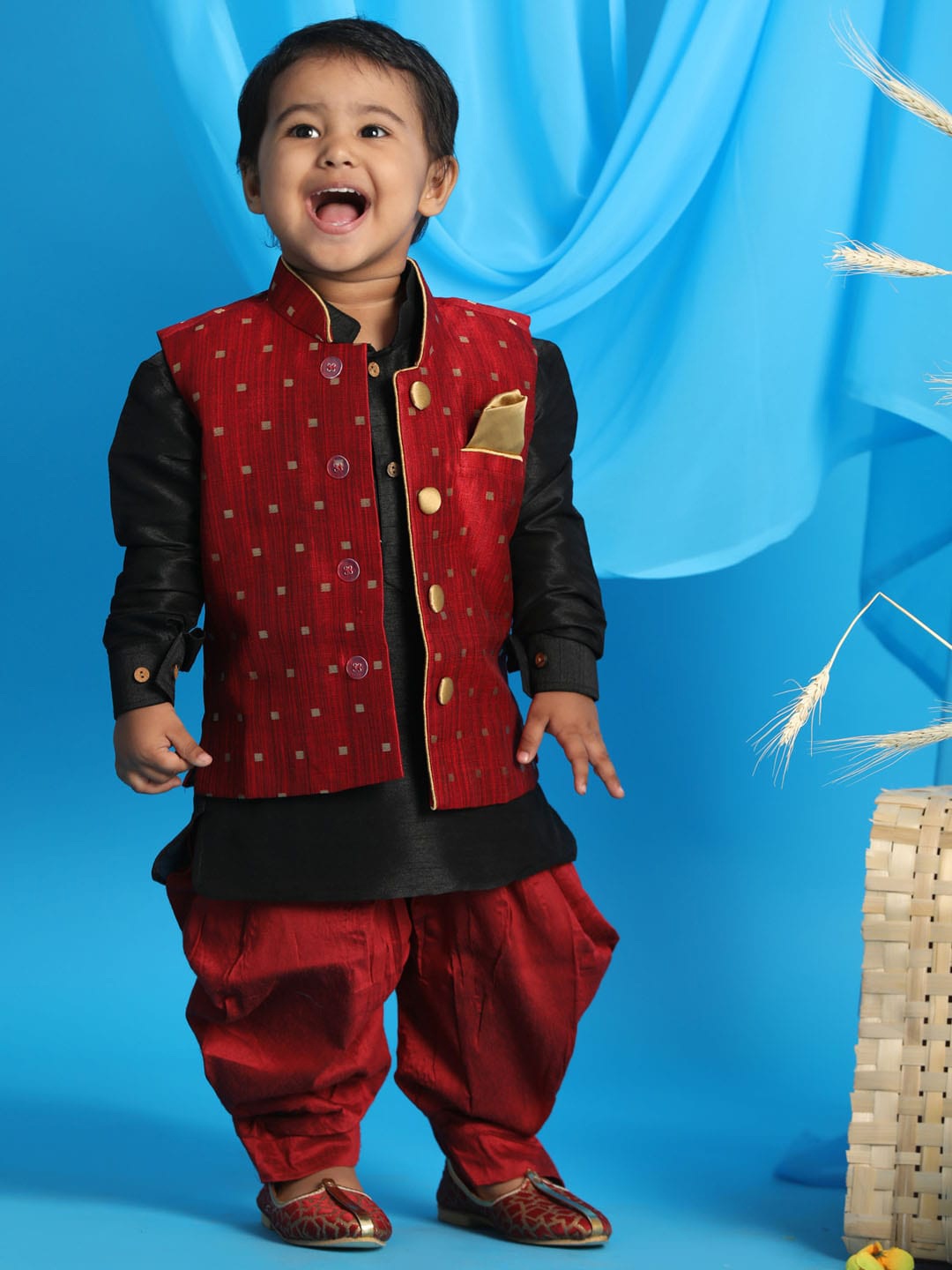 

VASTRAMAY Boys Black Regular Kurta With Dhoti Pants and Woven Nehru Jacket