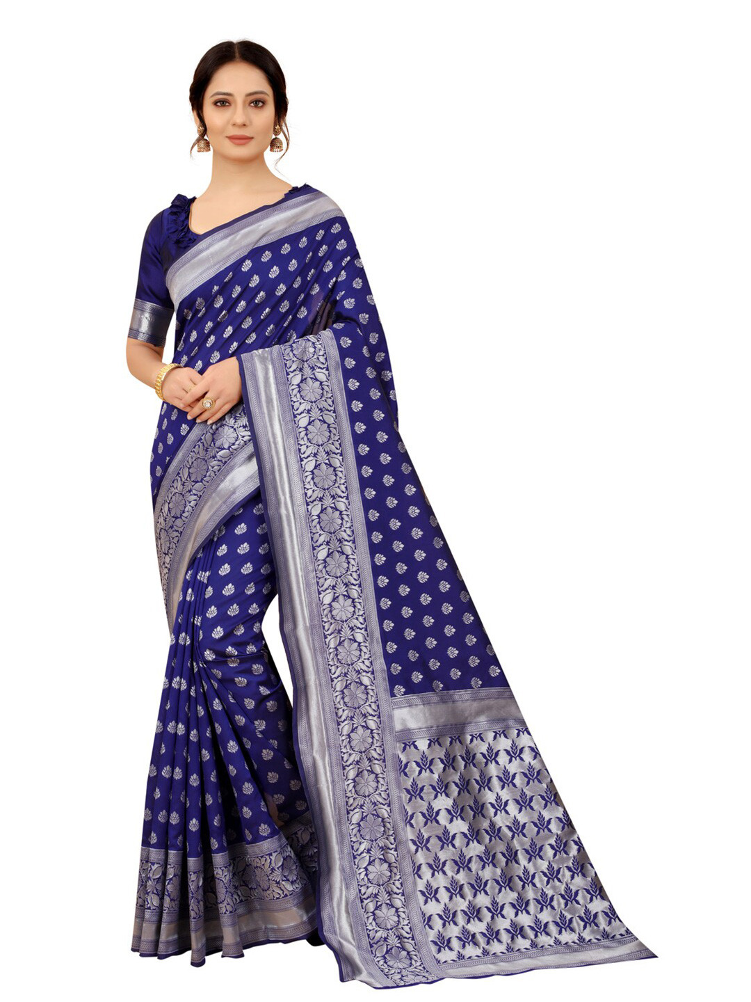 

MOKSHA DESIGNS Blue And Silver-Toned Woven Design Zari Pure Silk Paithani Saree