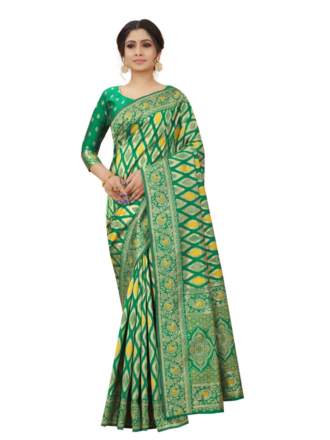 

MOKSHA DESIGNS Green & Gold-Toned Woven Design Zari Pure Silk Paithani Saree