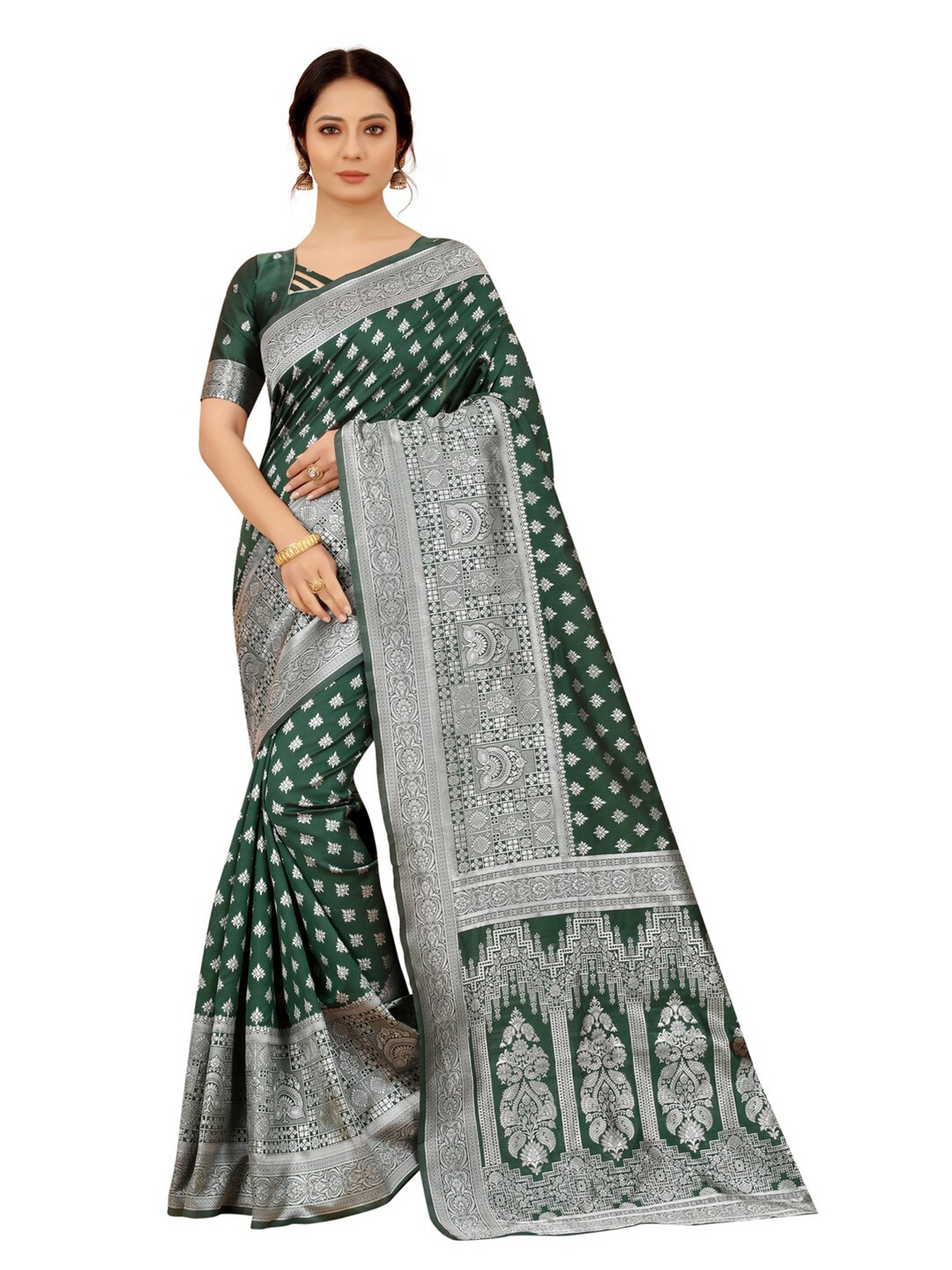 

MOKSHA DESIGNS Green & Silver-Toned Woven Design Zari Pure Silk Paithani Saree