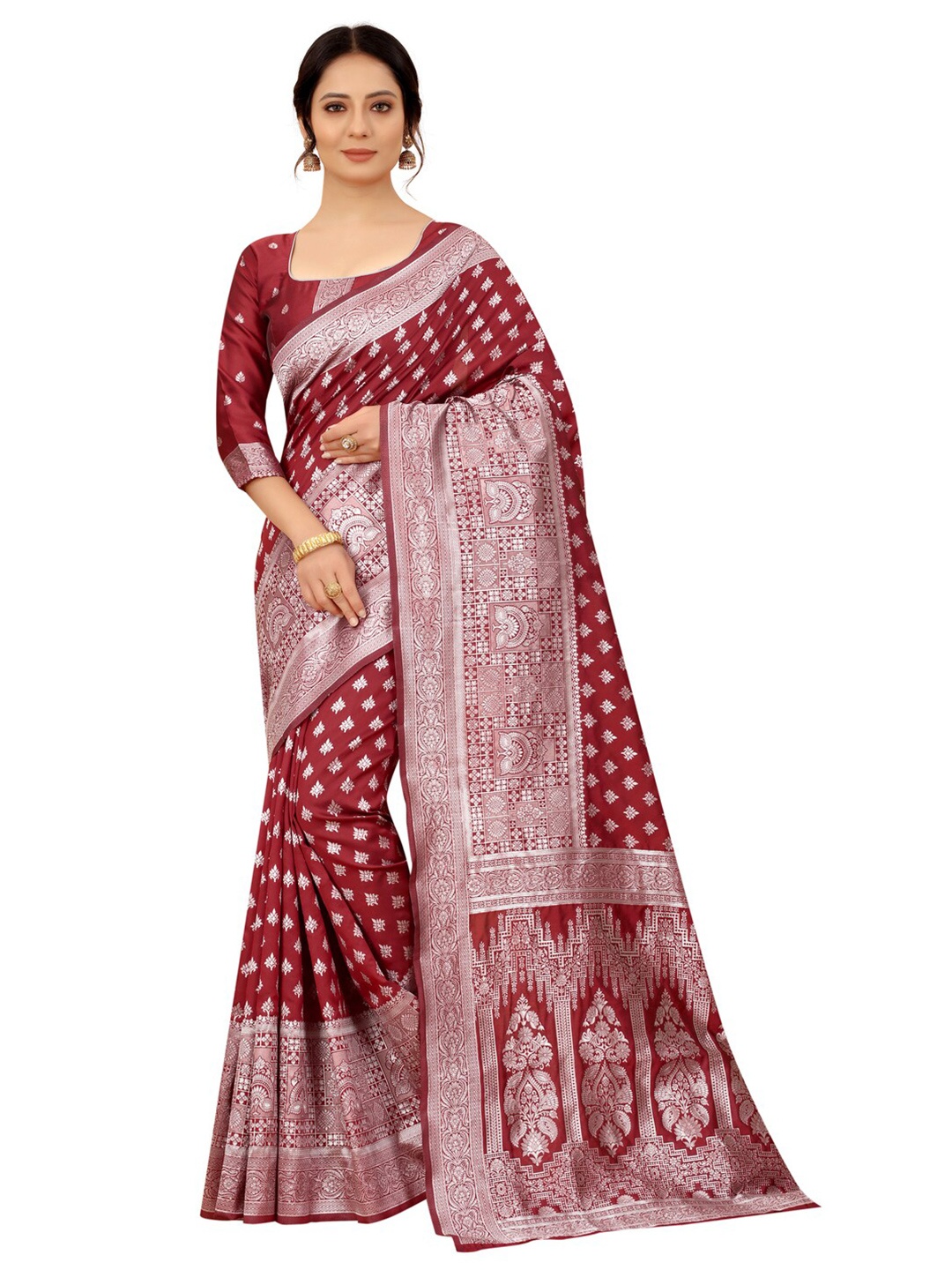 

MOKSHA DESIGNS Red & Silver-Toned Woven Design Zari Pure Silk Paithani Saree