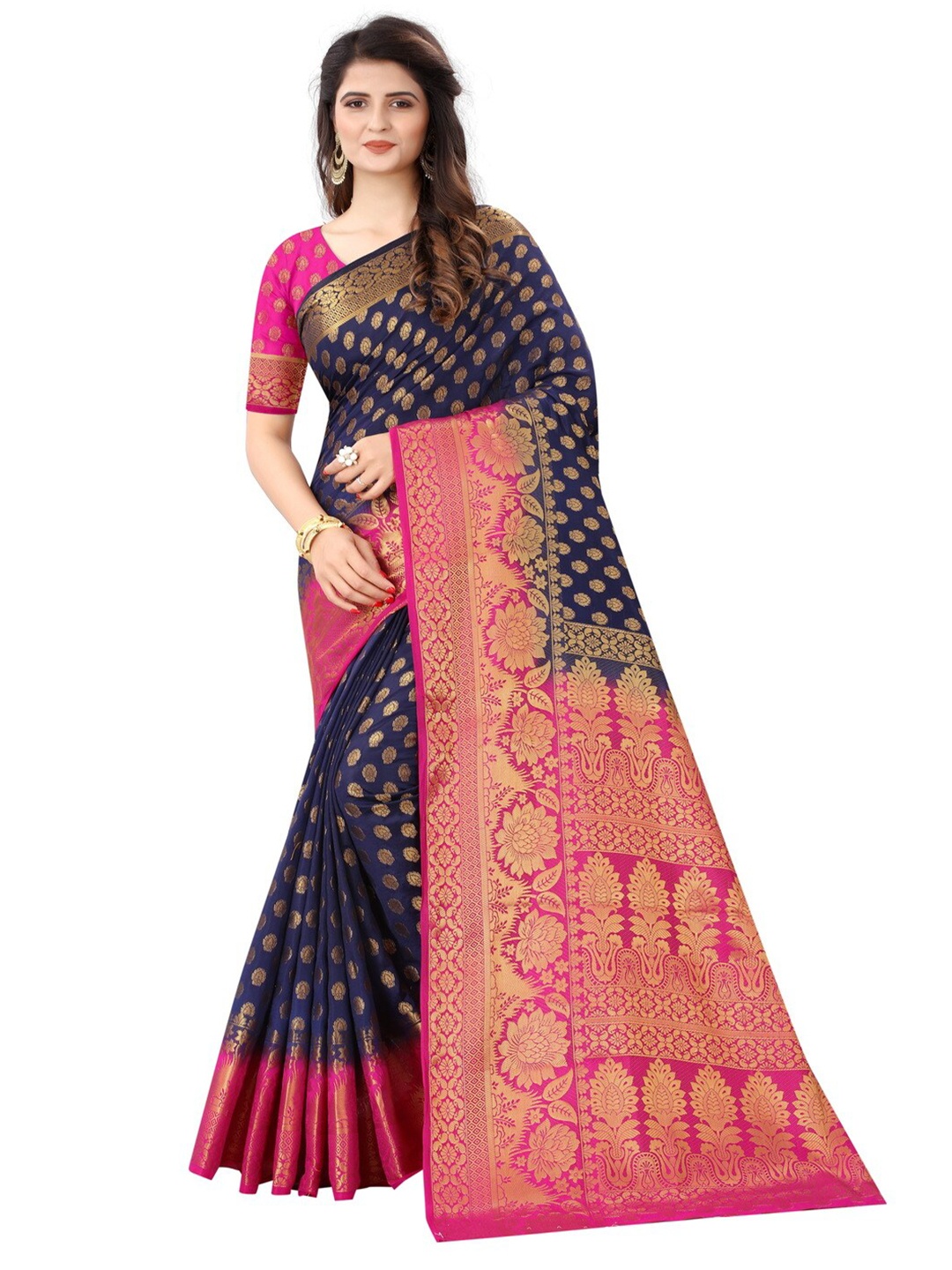 

MOKSHA DESIGNS Navy Blue & Pink Ethnic Motifs Zari Pure Silk Paithani Saree