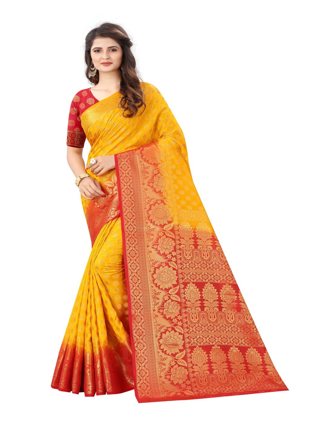 

MOKSHA DESIGNS Yellow & Red Woven Design Zari Pure Silk Paithani Saree