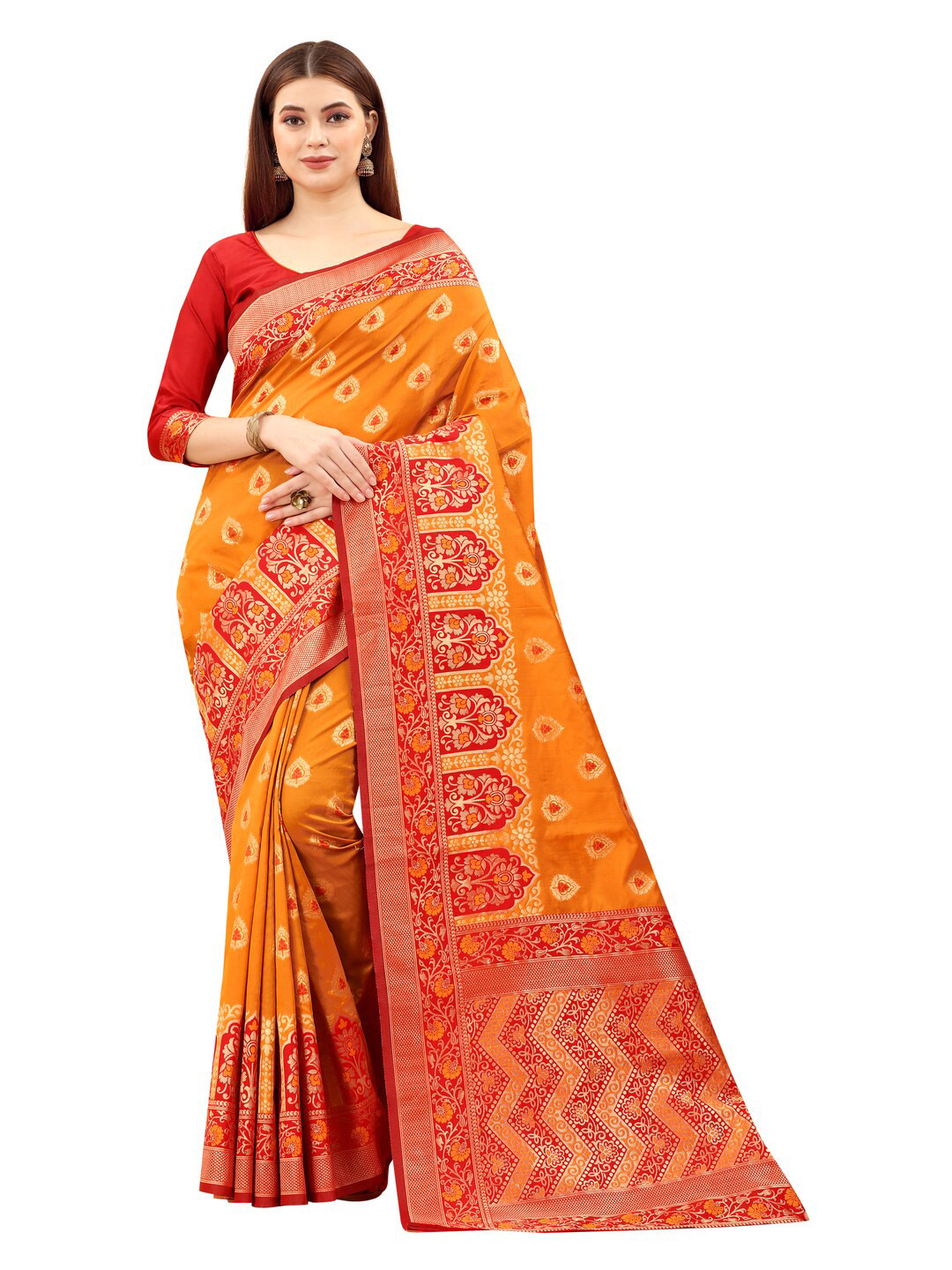 

MOKSHA DESIGNS Orange & Gold-Toned Ethnic Motifs Zari Pure Silk Paithani Saree