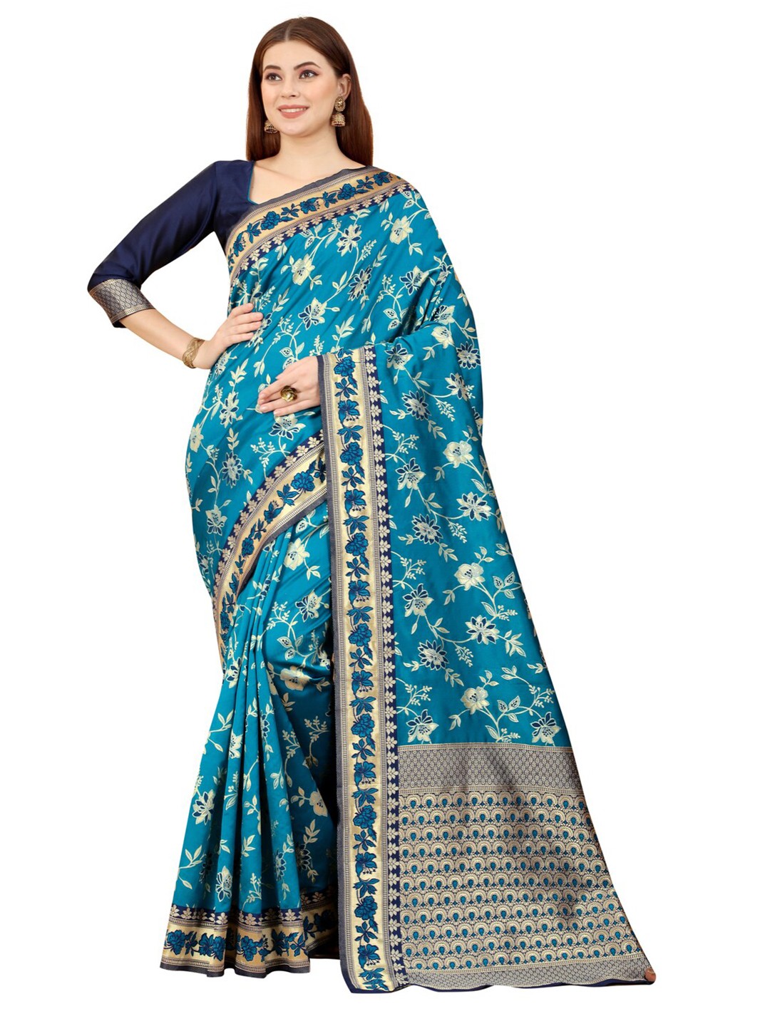 

MOKSHA DESIGNS Blue & Gold-Toned Woven Design Zari Pure Silk Paithani Saree