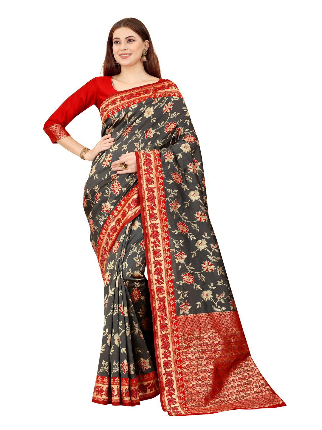 

MOKSHA DESIGNS Grey & Red Woven Design Zari Pure Silk Paithani Saree