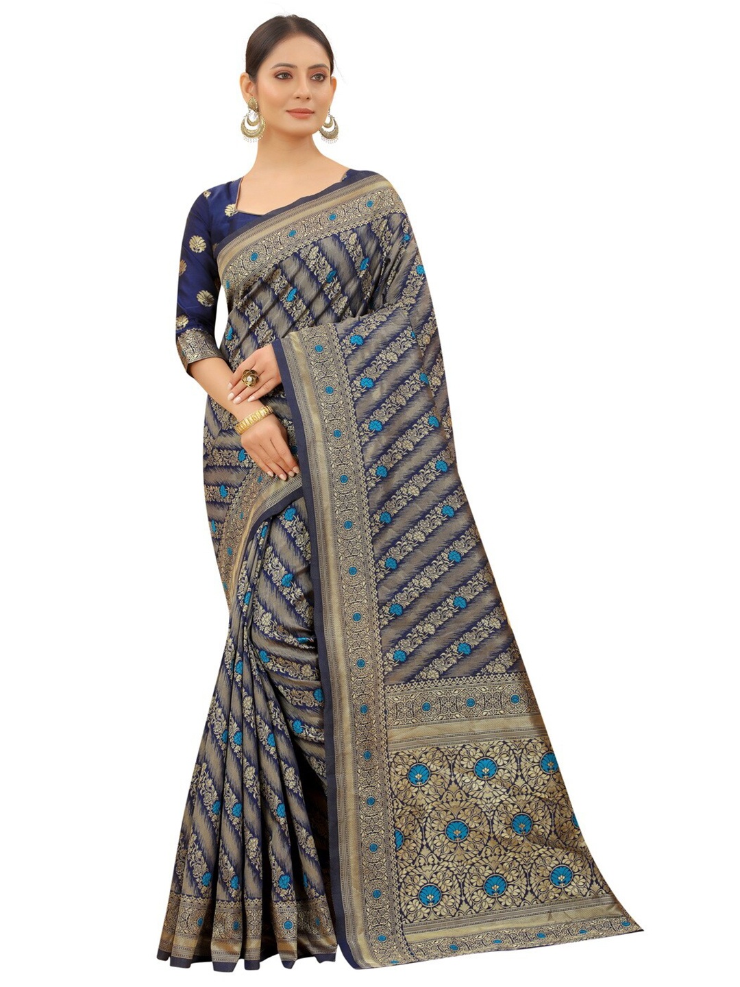 

MOKSHA DESIGNS Blue & Gold-Toned Woven Design Zari Pure Silk Paithani Saree