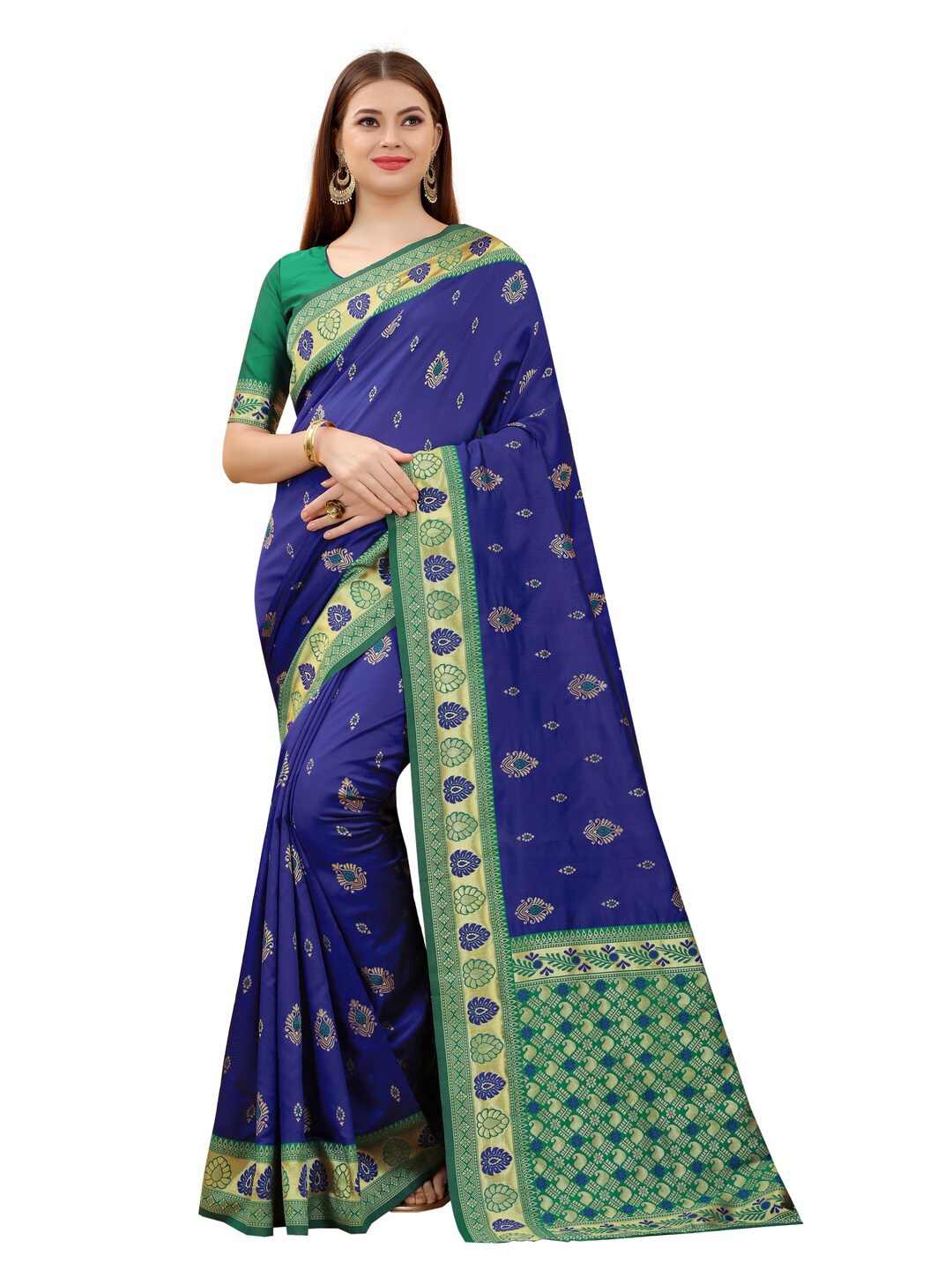 

MOKSHA DESIGNS Blue & Green Woven Design Zari Pure Silk Paithani Saree