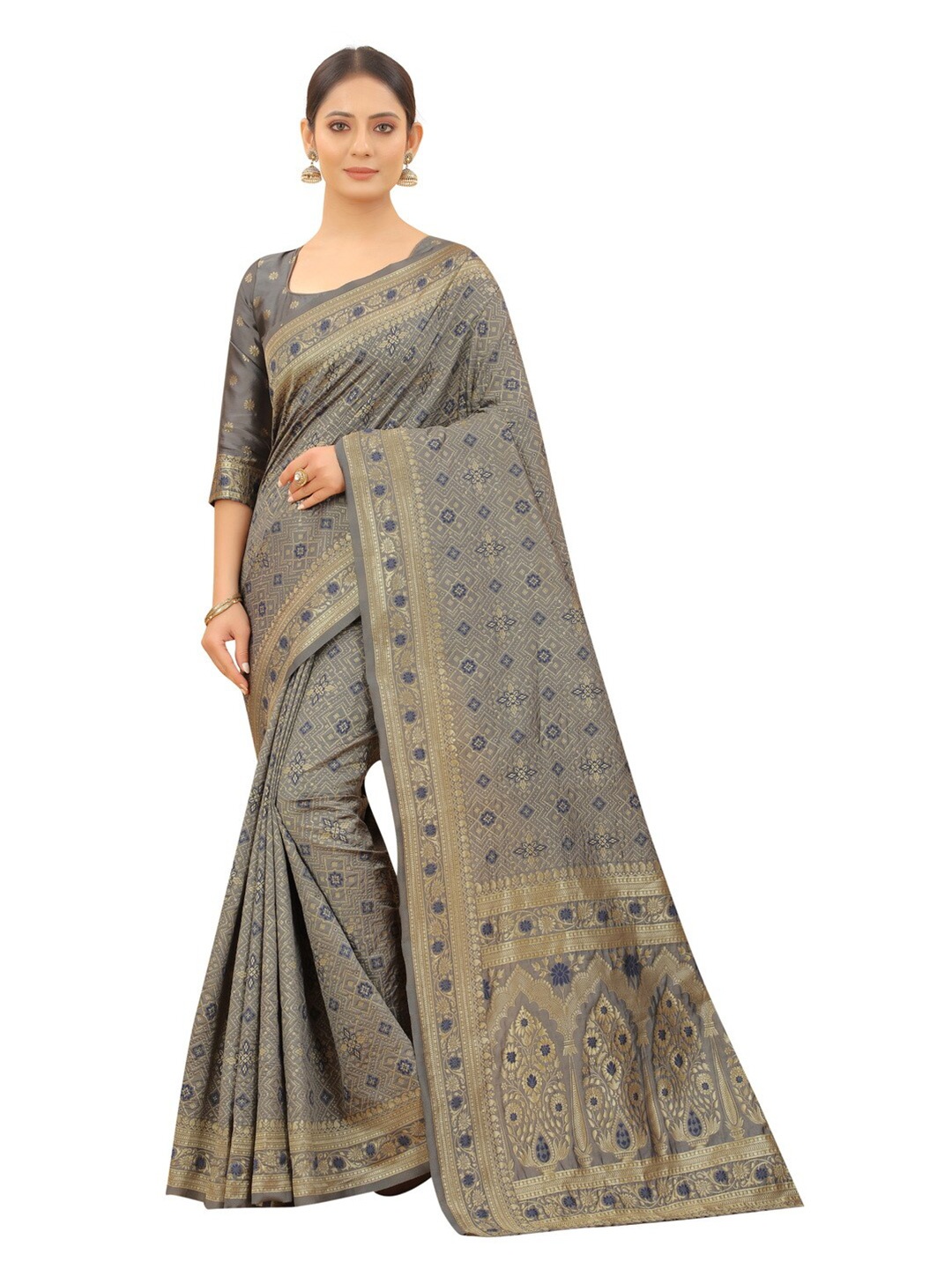 

MOKSHA DESIGNS Grey & Grey Woven Design Zari Pure Silk Paithani Saree
