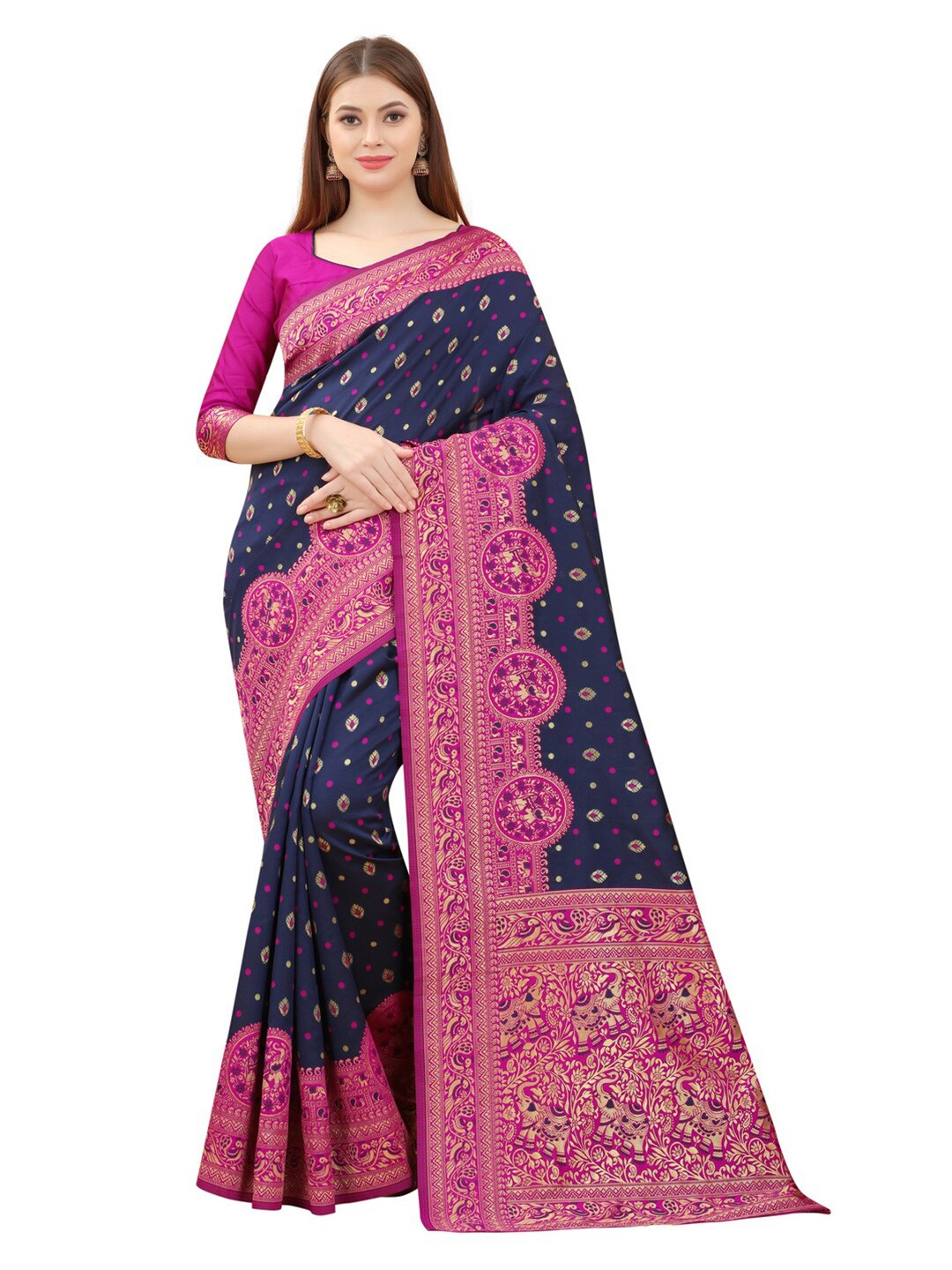 

MOKSHA DESIGNS Navy Blue & Pink Ethnic Motifs Zari Pure Silk Paithani Saree