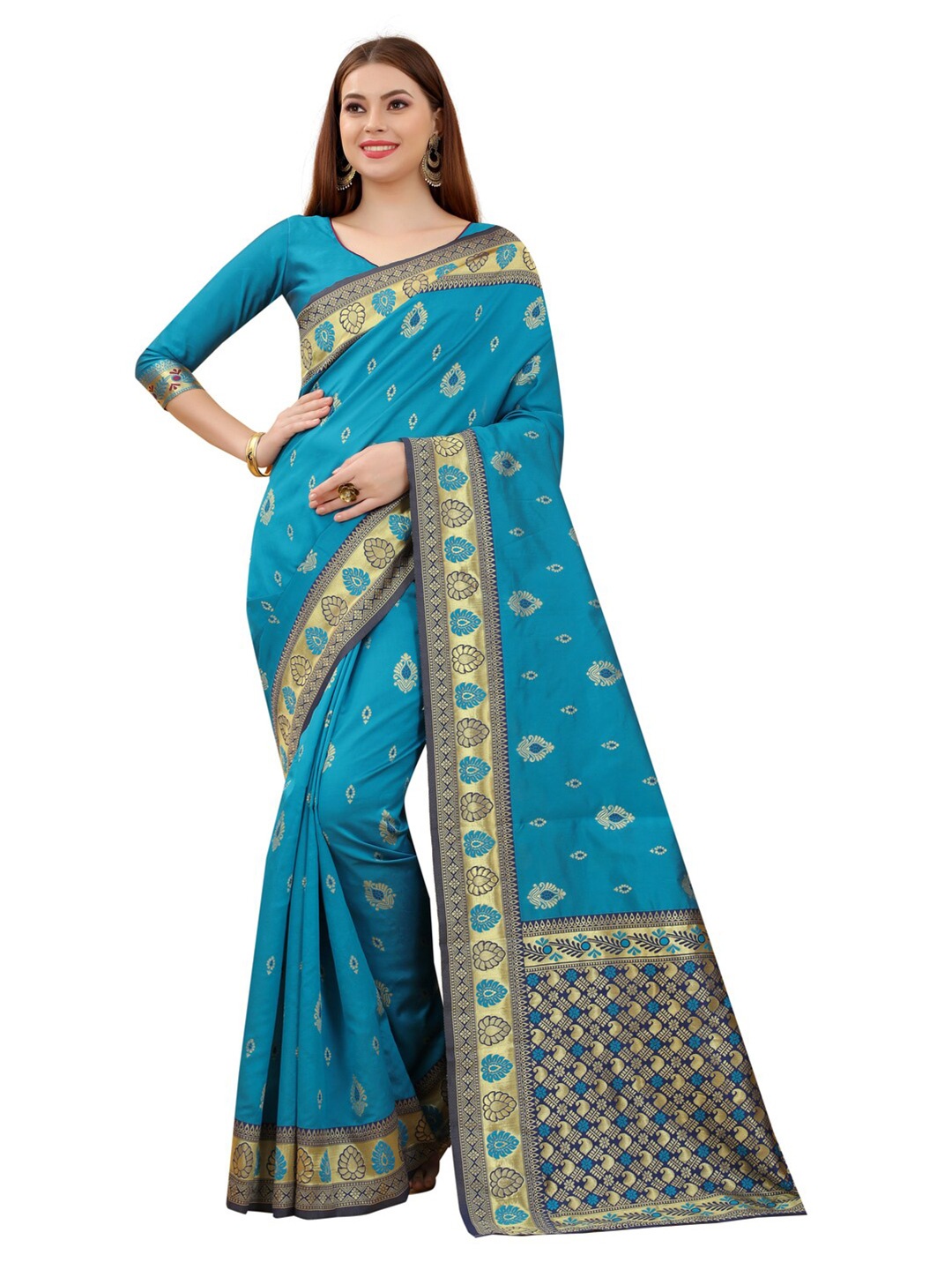 

MOKSHA DESIGNS Blue & Gold-Toned Woven Design Zari Pure Silk Paithani Saree