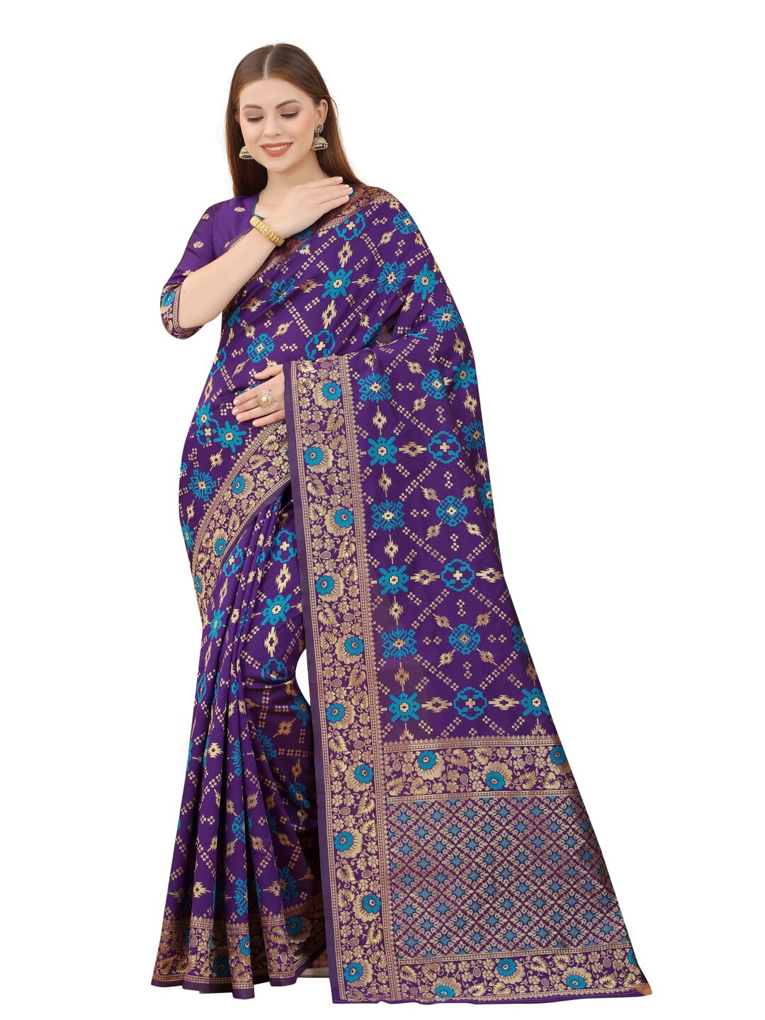 

MOKSHA DESIGNS Purple & Gold-Toned Ethnic Motifs Zari Pure Silk Paithani Saree