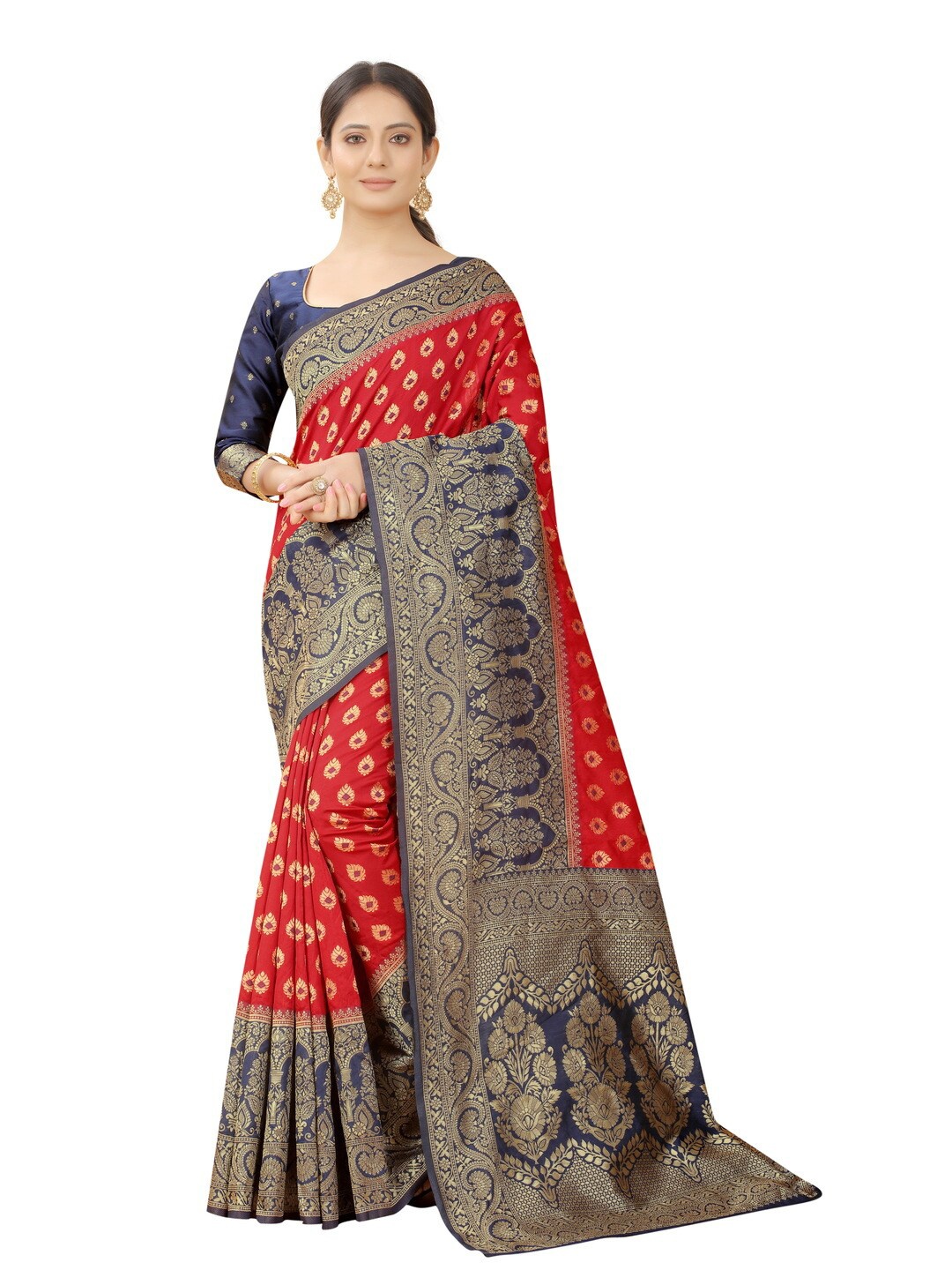 

MOKSHA DESIGNS Red & Navy Blue Woven Design Zari Pure Silk Paithani Saree
