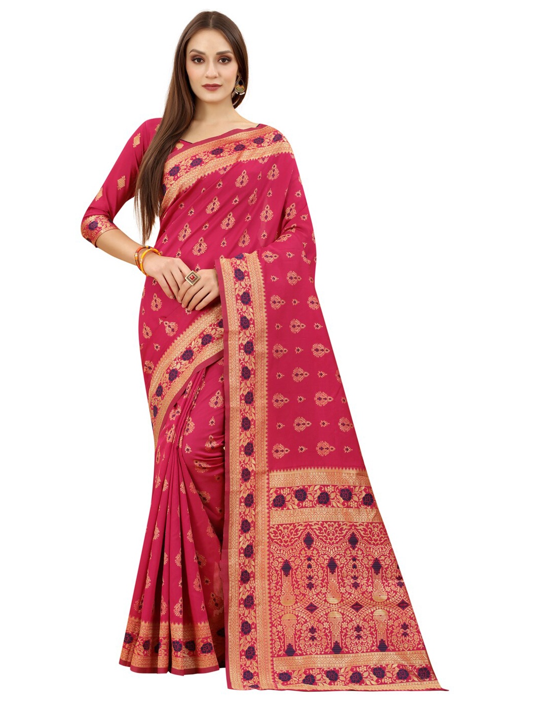 

MOKSHA DESIGNS Pink & Gold-Toned Woven Design Zari Pure Silk Paithani Saree