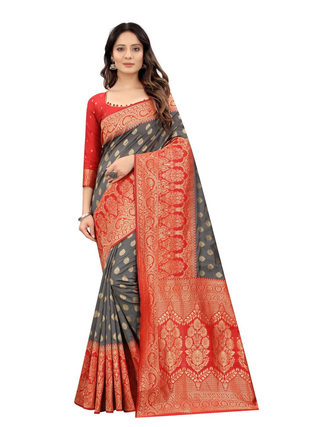 

MOKSHA DESIGNS Grey & Red Woven Design Zari Pure Silk Paithani Saree