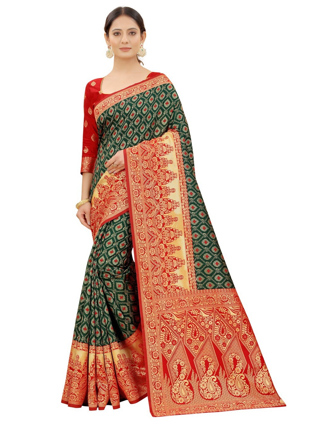 

MOKSHA DESIGNS Green & Red Woven Design Zari Pure Silk Paithani Saree