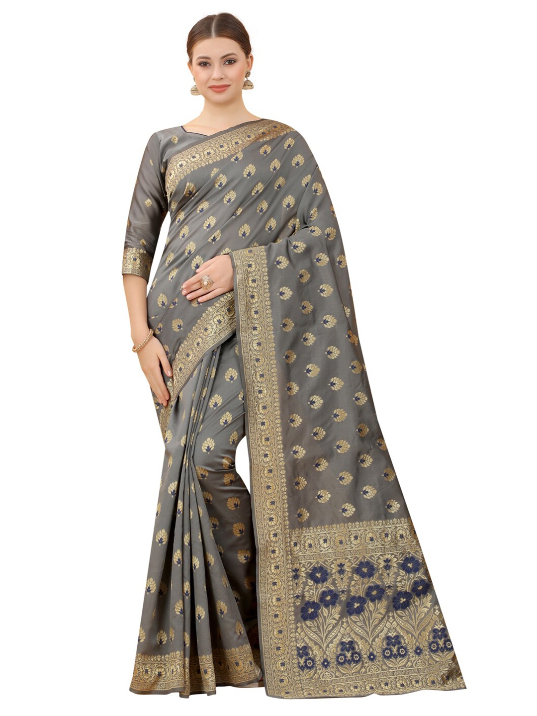 

MOKSHA DESIGNS Grey & Gold-Toned Woven Design Zari Pure Silk Paithani Saree