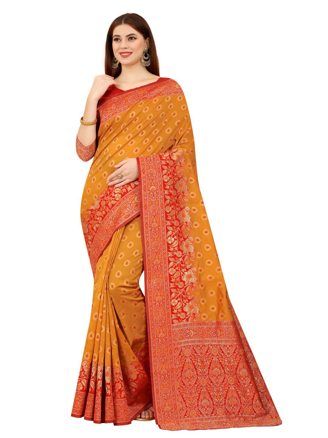 

MOKSHA DESIGNS Mustard & Red Ethnic Motifs Zari Pure Silk Paithani Saree