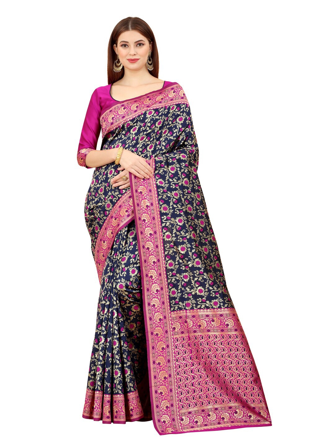 

MOKSHA DESIGNS Navy Blue & Rose Woven Design Zari Pure Silk Paithani Saree