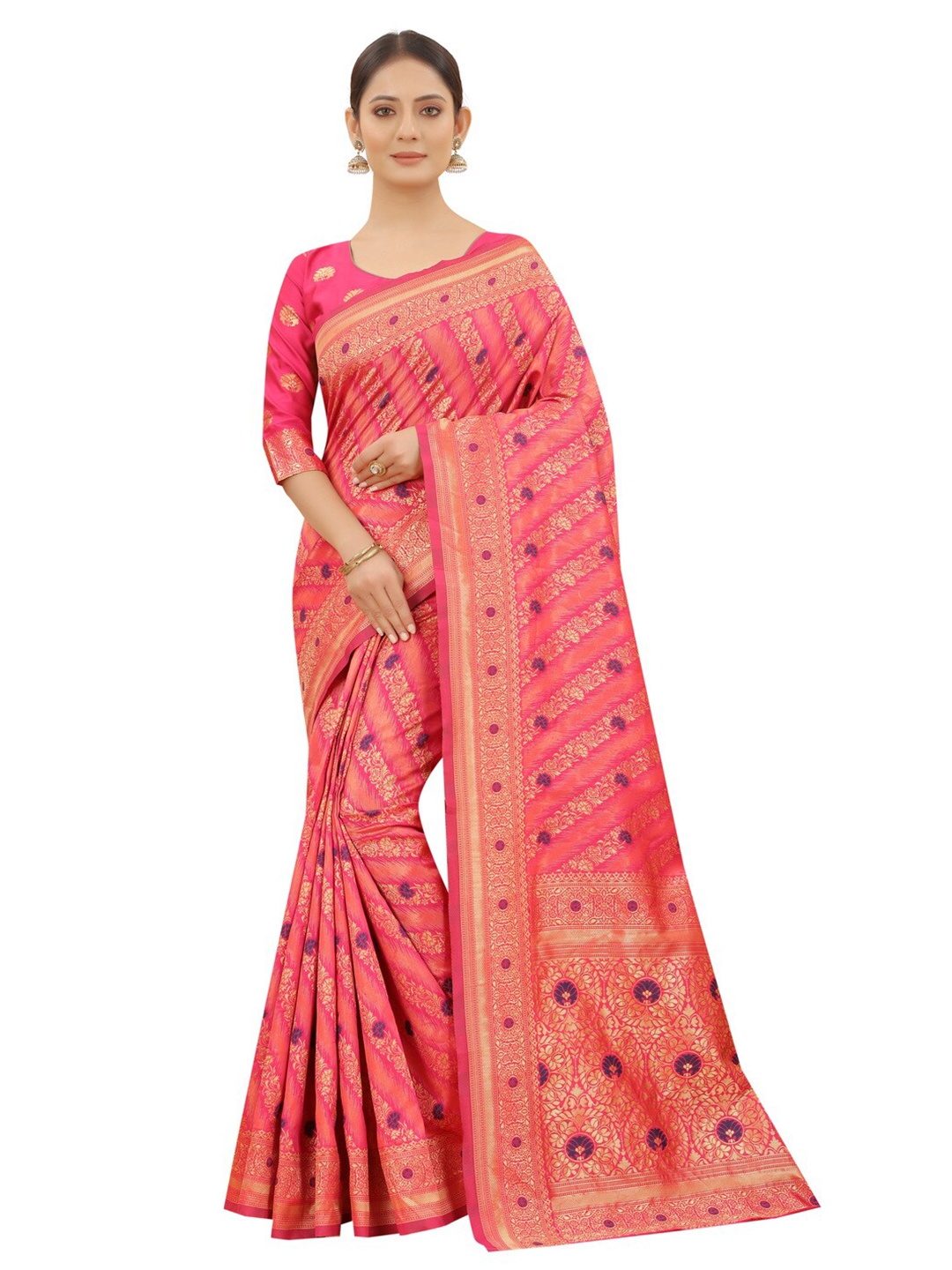 

MOKSHA DESIGNS Pink & Blue Floral Zari Pure Silk Paithani Saree