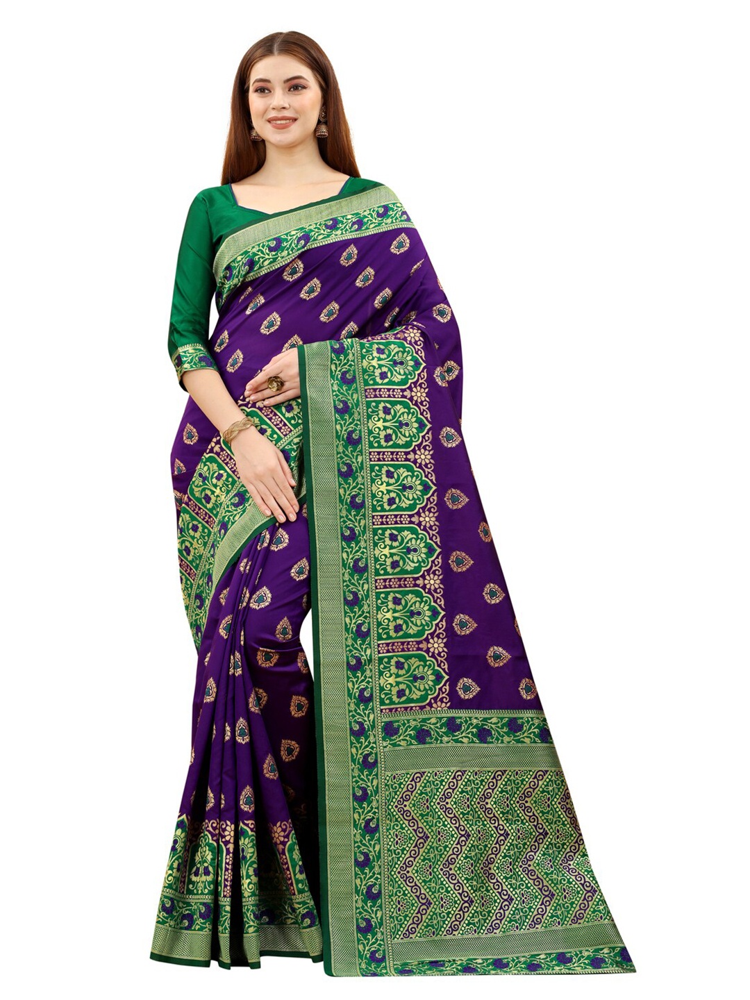 

MOKSHA DESIGNS Women Purple & Green Woven Design Zari Pure Silk Paithani Saree
