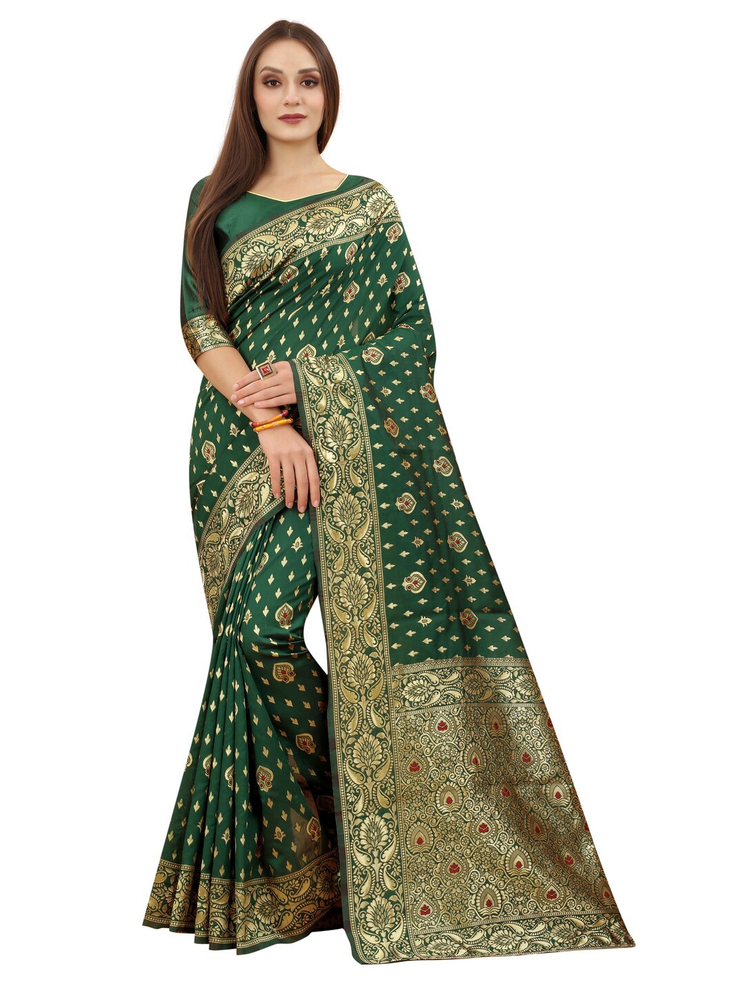 

MOKSHA DESIGNS Women Green & Gold-Toned Woven Design Zari Pure Silk Paithani Saree