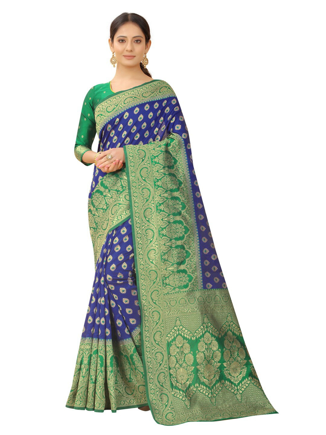 

MOKSHA DESIGNS Blue & Green Woven Design Zari Pure Silk Paithani Saree
