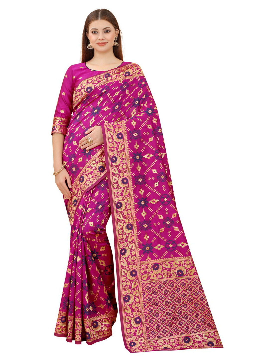 

MOKSHA DESIGNS Pink & Gold-Toned Woven Design Zari Pure Silk Paithani Saree