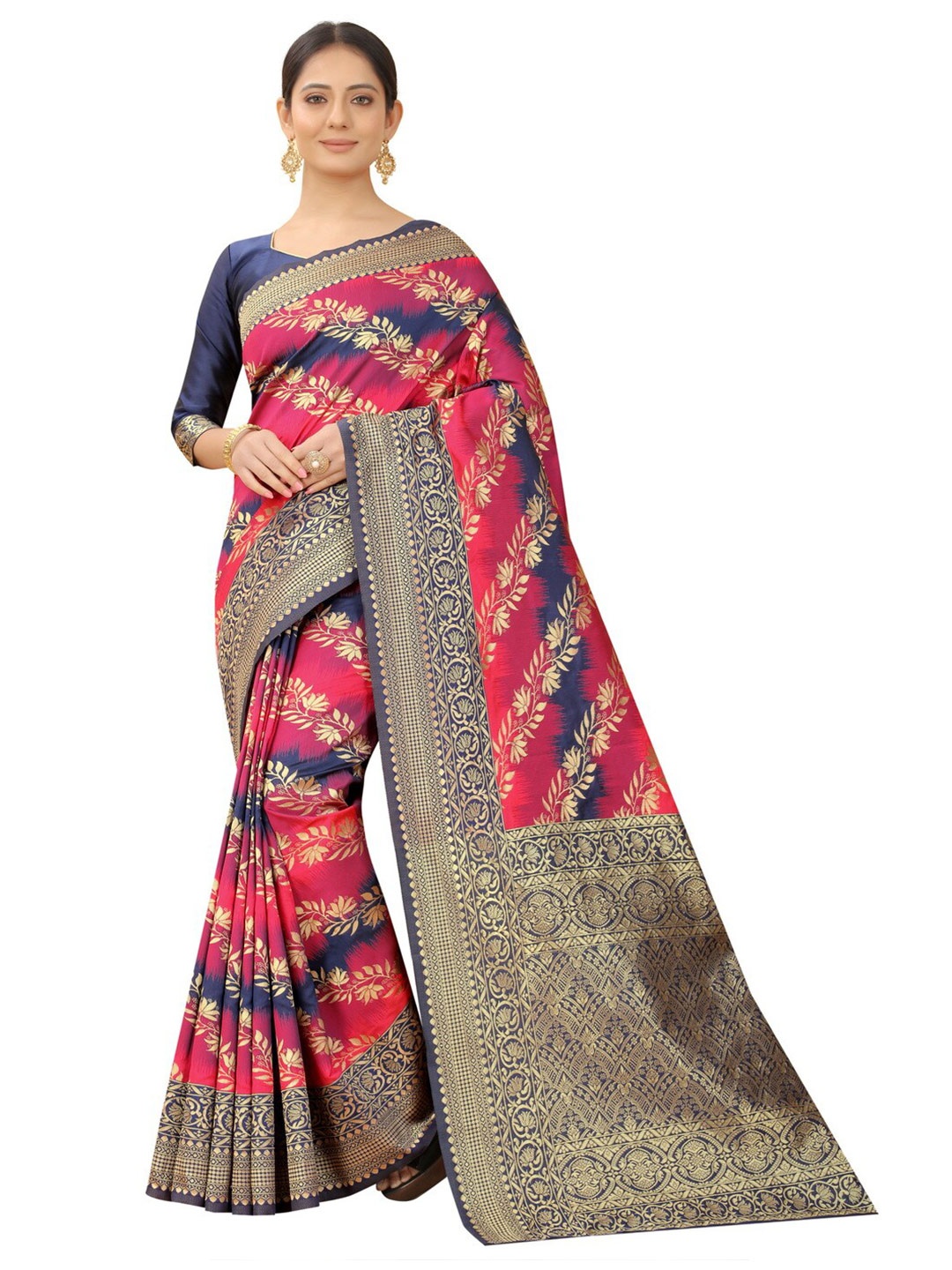 

MOKSHA DESIGNS Pink & Blue Floral Zari Pure Silk Paithani Saree