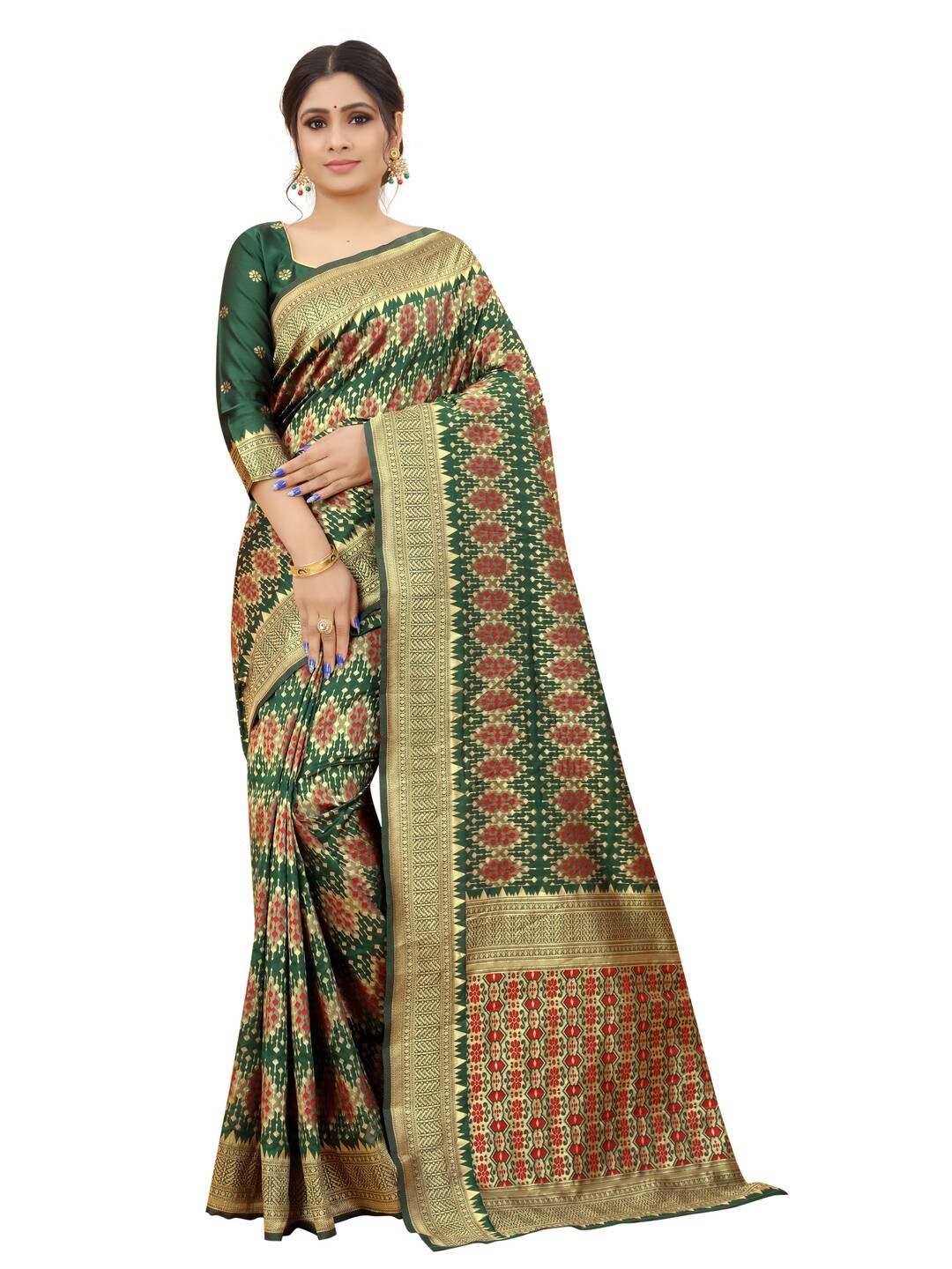 

MOKSHA DESIGNS Green & Red Woven Design Zari Pure Silk Paithani Saree