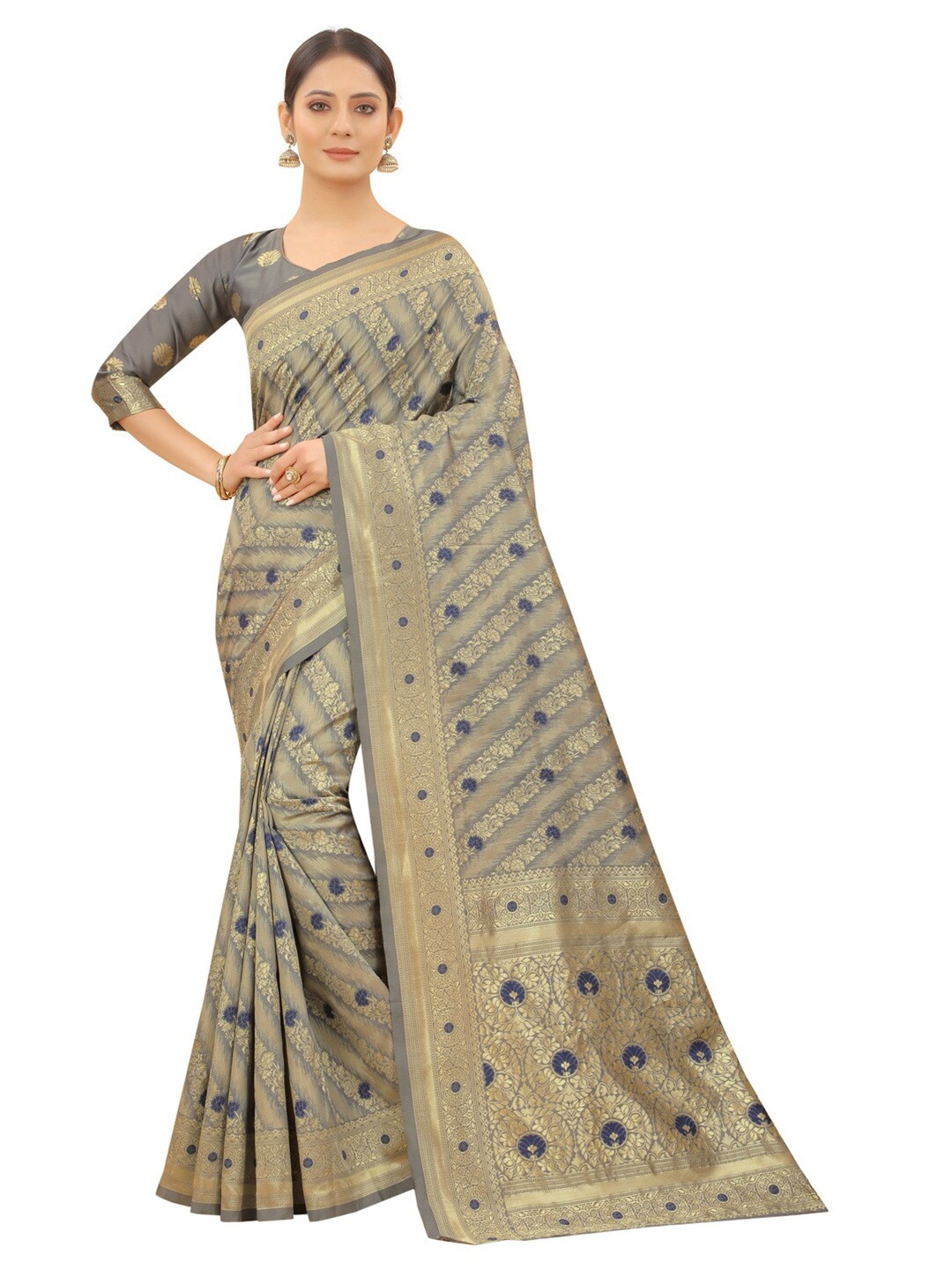 

MOKSHA DESIGNS Grey & Gold-Toned Woven Design Zari Pure Silk Paithani Saree